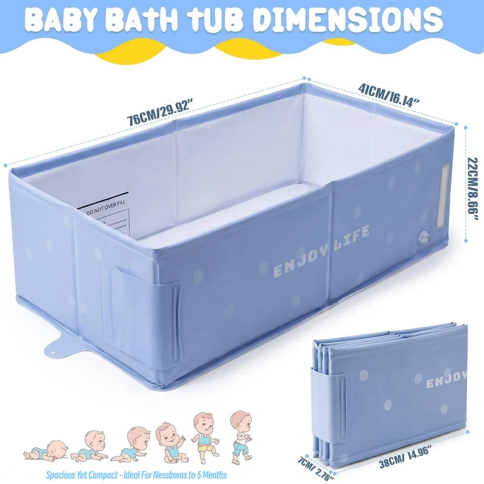 Bañera plegable y resistente para bebés de 0 a 8 años, bañera extra grande antideslizante para niños, diseño portátil que ahorra espacio para recién nacidos, niños pequeños y niños (azul polvoriento)
