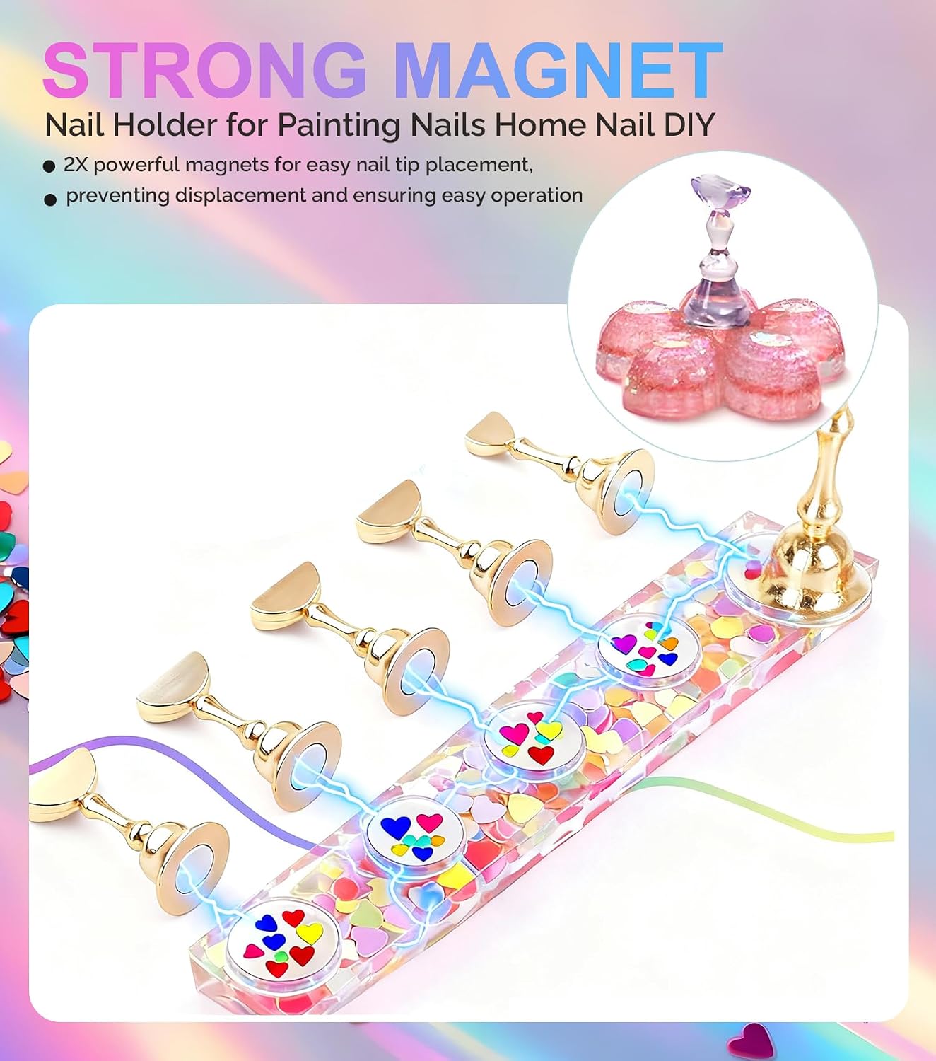 3 Set Magnetic Nail Stand for Press On Nails, Acrylic Nail Holders with Reusable Adhesive Putty, Flower Shaped Base for UV Gel Curing, Nail Art Practice Kit for Painting Display Salon Home Beginners