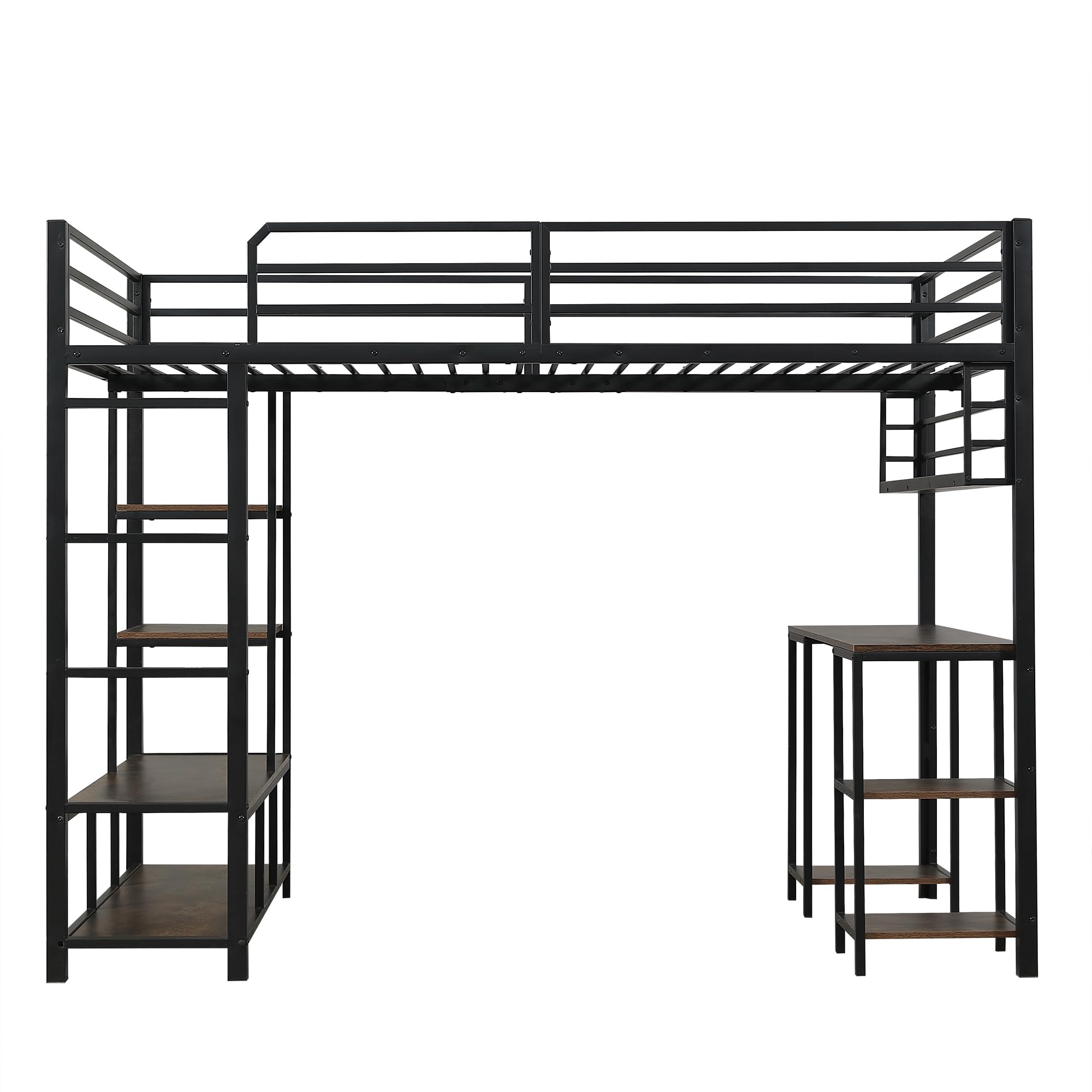 Idemon Cama alta de hierro, con escritorio y estante, somieres de listones estables, escalera de 4 niveles, hierro + aglomerado, negro y oscuro, 120 x 200 cm