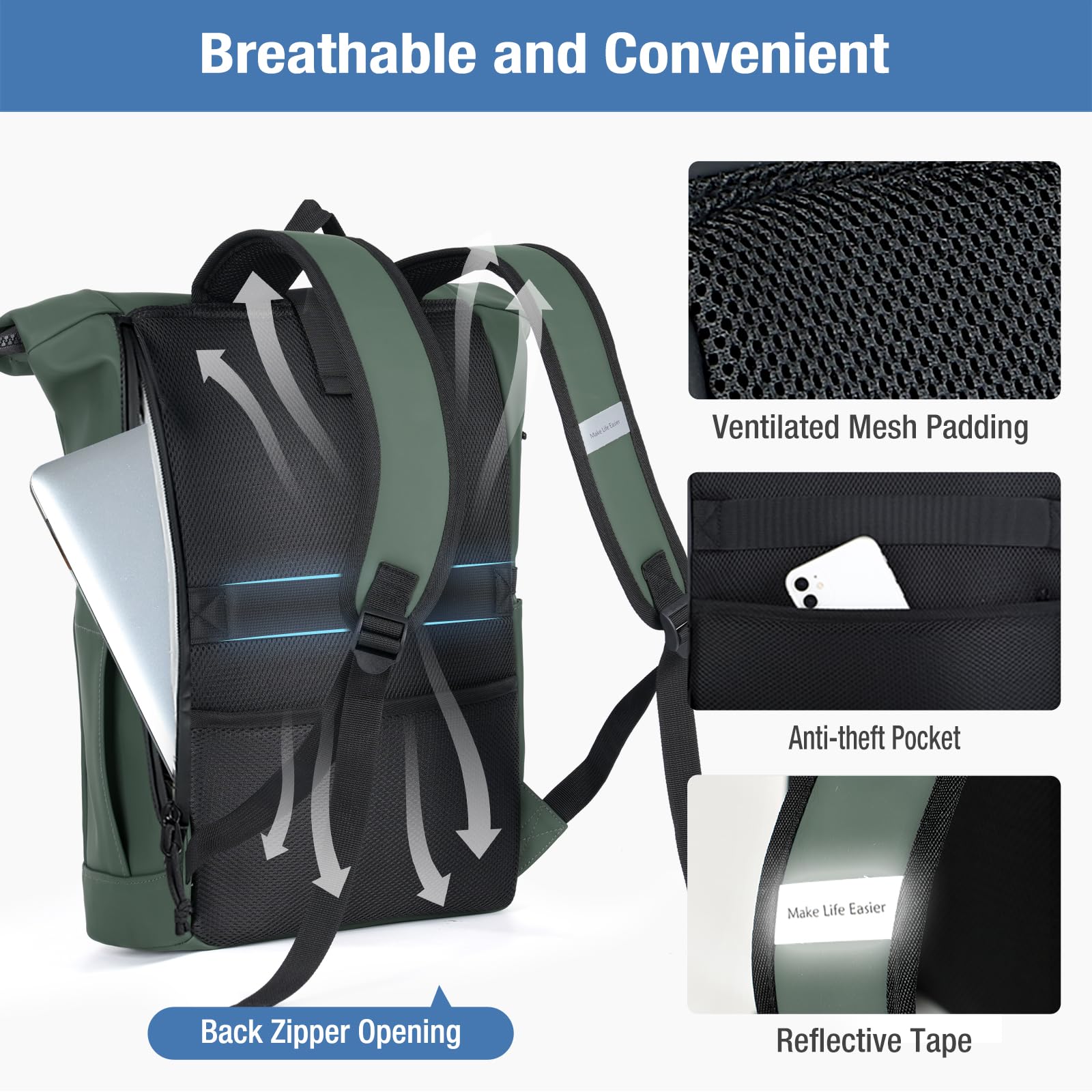 Lekeinchi Zaino Rolltop Uomo Donna Porta PC 17 Pollici | Zaino Impermeabile Uomo Donna - Rains Zaino con Strisce Riflettenti - Zaino da Viaggio Espandibile - Casual Lavoro Università - Verde XL