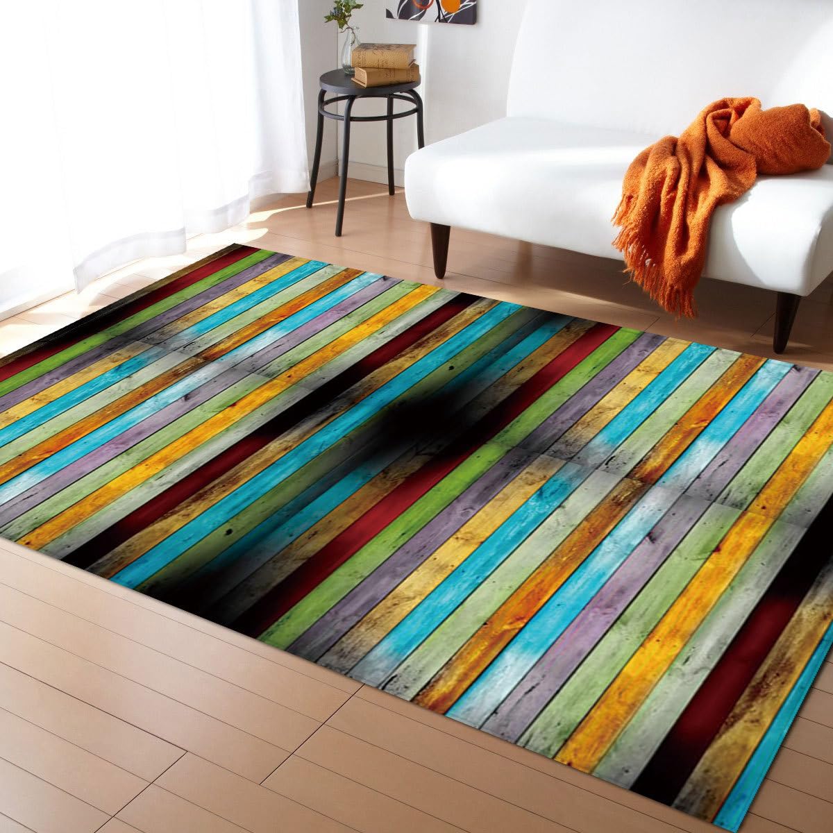 Tapis de couloir lavable en machine bleu vert motif bandes géométriques