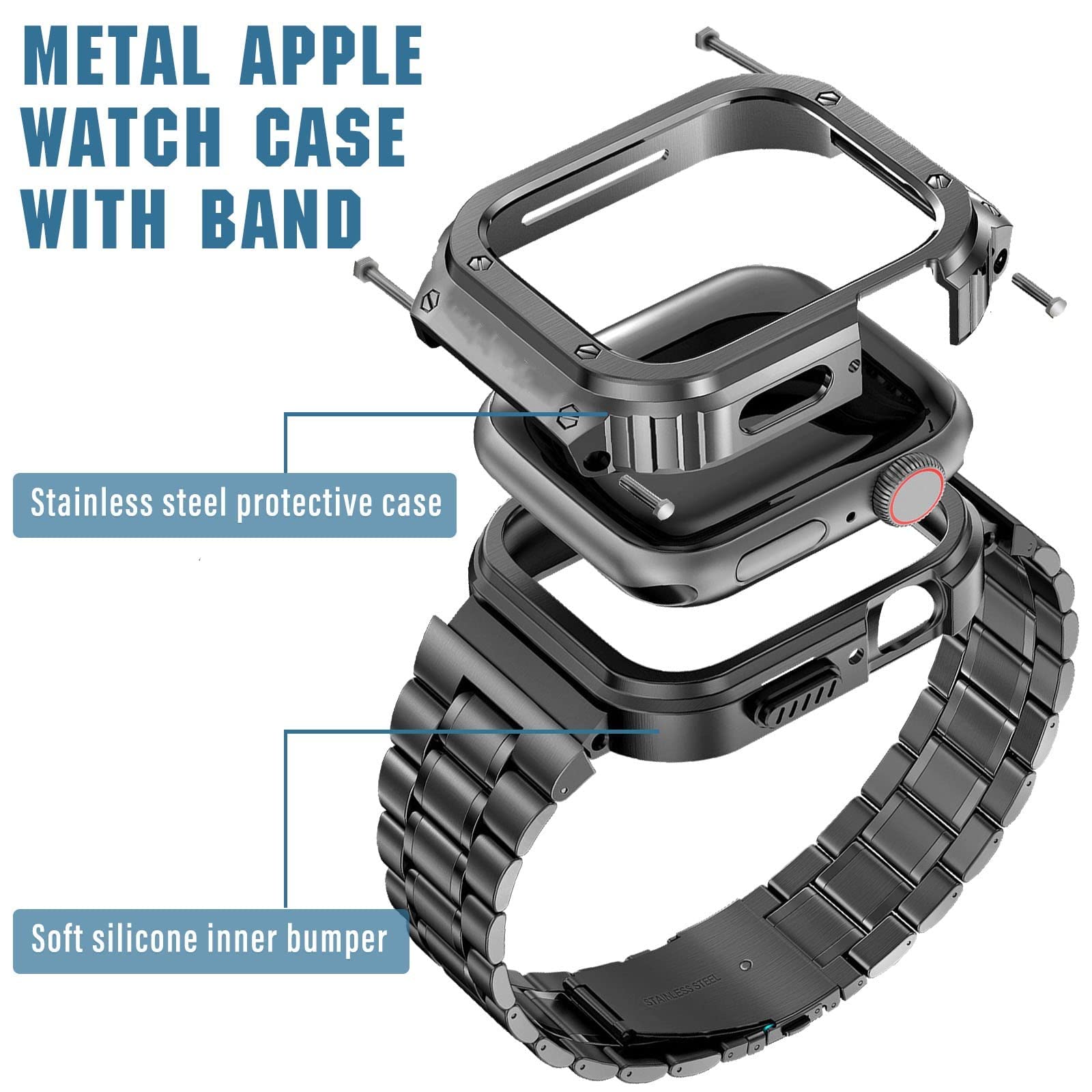 MioHHR Correa de acero inoxidable con funda compatible con Apple Watch Series 6/5/4/SE(44mm),Correa resistente con funda protectora de metal para iWatch Band Hombre