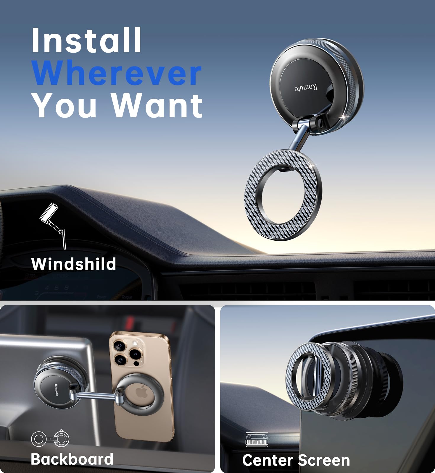 Romuto 2026 Porta Cellulare Auto per MagSafe【360° Rotazione ＆ Pieghevole】 Supporto Telefono Auto con Forte Ventosa e Alta Stabilità,Supporto Magnetico Per iPhone 17 16 15 14 13 12 Accessori Auto Kit