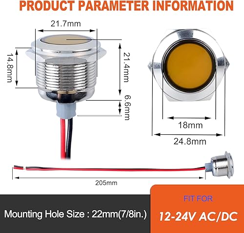 Miniatura 36 de 2 luces indicadoras LED de 0.630 in (5/8 pulgadas), 12-24 V AC/DC 20 mA ahorro de energía de metal impermeable IP67 lámpara piloto de una sola Verde