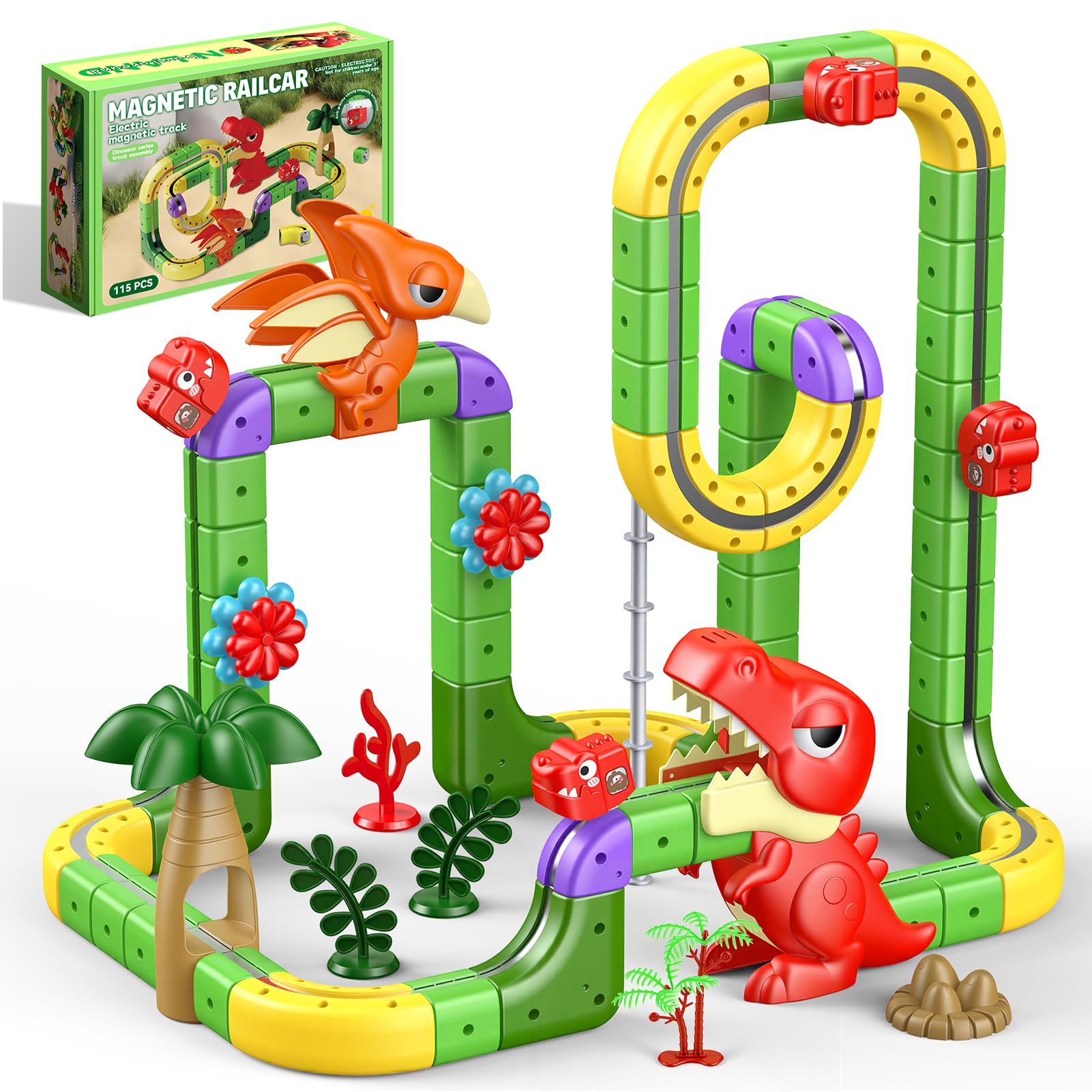 115 PCS Electric Train Set, Dinosaur Toys for Boy Age 3 4 5 6 7 Year Old Boy Construction Toys Girl Gift for 5 6 7 Year Olds Boys Toys for 3-12 3D Embedded Layout Autism Toys — image 1