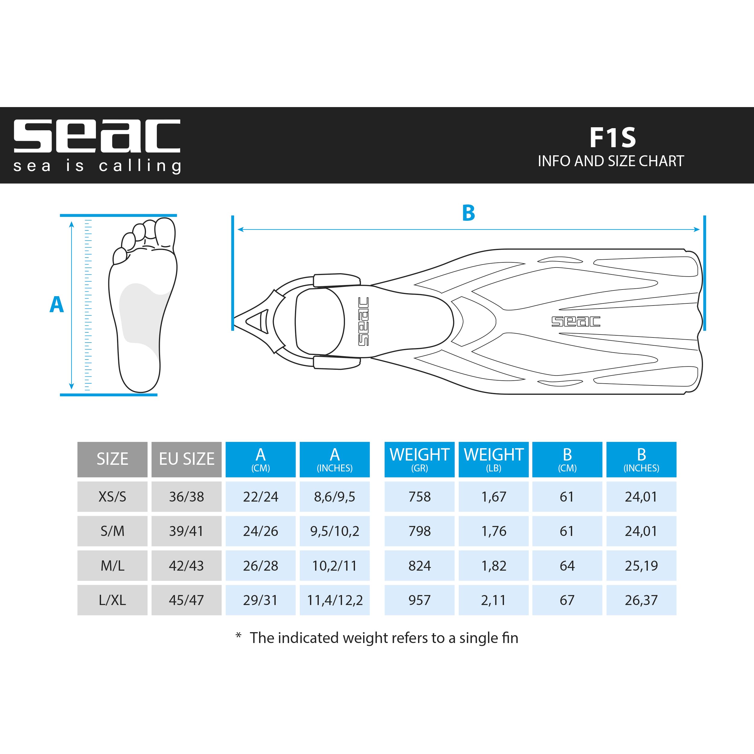SEAC F1 S-Aletas de Buceo ultraligeras con Correa elástica, 730 Gramos, Unisex Adulto