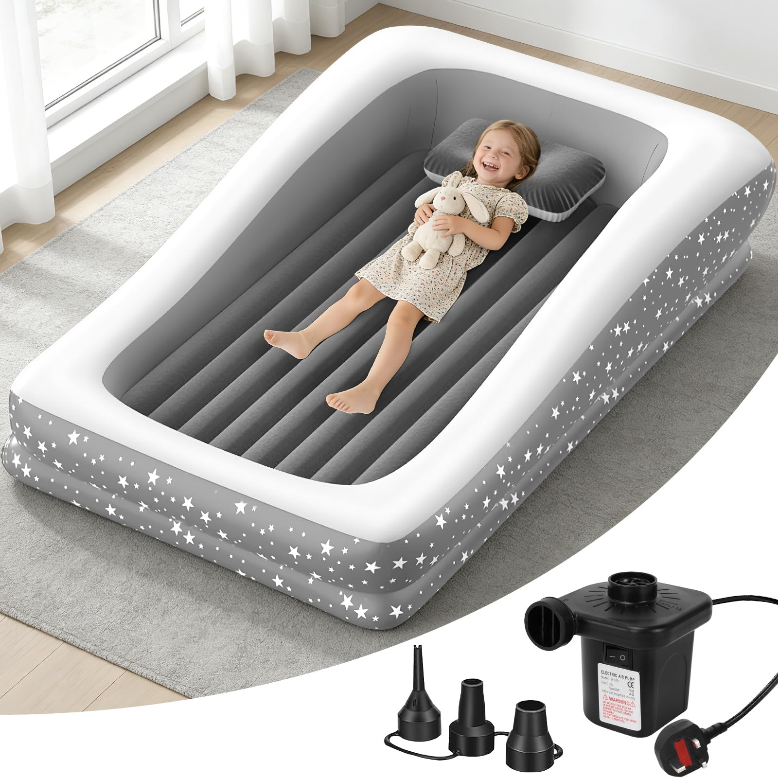 Inflatable Toddler Travel Bed, Kids Air Mattress with Pump and Carry Bag, Portable Toddler Air Mattress with Surround Safety Bumpers Ideal for Home Travel Outdoor Camping, Unique Star Pattern, Grey