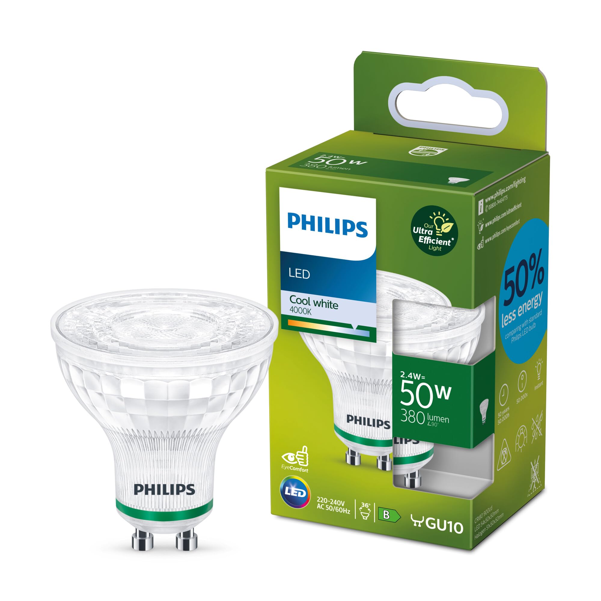 Philips Classic ultra-efficient LED bulb with energy efficiency class A, GU10 bulb, replaces 50W, cool white light, non-dimmable