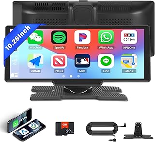 CAMECHO Wireless Apple CarPlay Android Auto Portable Car Stereo, 10.26 Inch IPS Touchscreen CarPlay Screen with Bluetooth Mirror Link FM Voice Control GPS Sat Navi AUX/Type-C+32GB TF Card