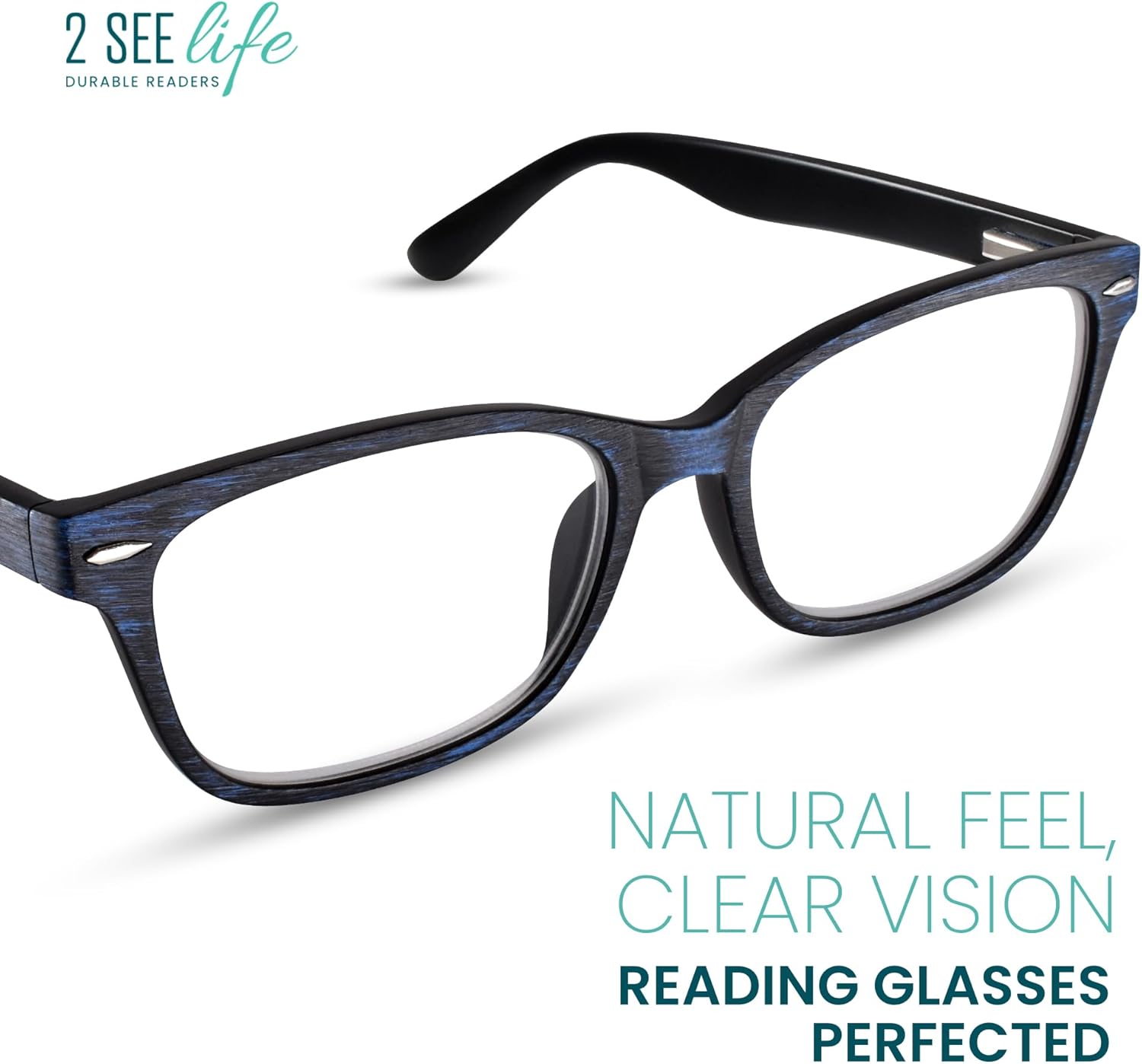 2SeeLife Wood Tone TR-90 Reading Glasses for Men – Medium-Wide Fit, Durable & Sturdy Frame, Spring Hinges, Premium Readers, Blue, +3.00 - Image 2