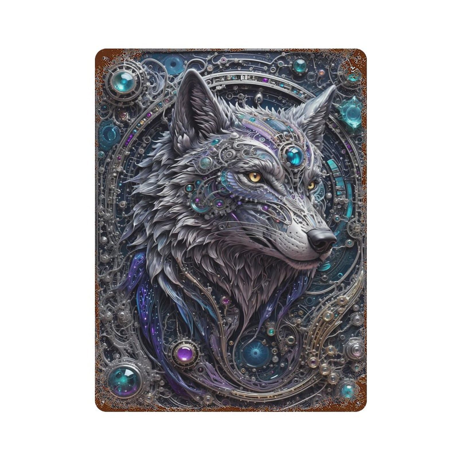 Futuristic Steampunk Wolf 15.7"x11.8" Aged Metal Wall Plaque, Novelty Wall Decor for Garage, Bar And Workshop Decor