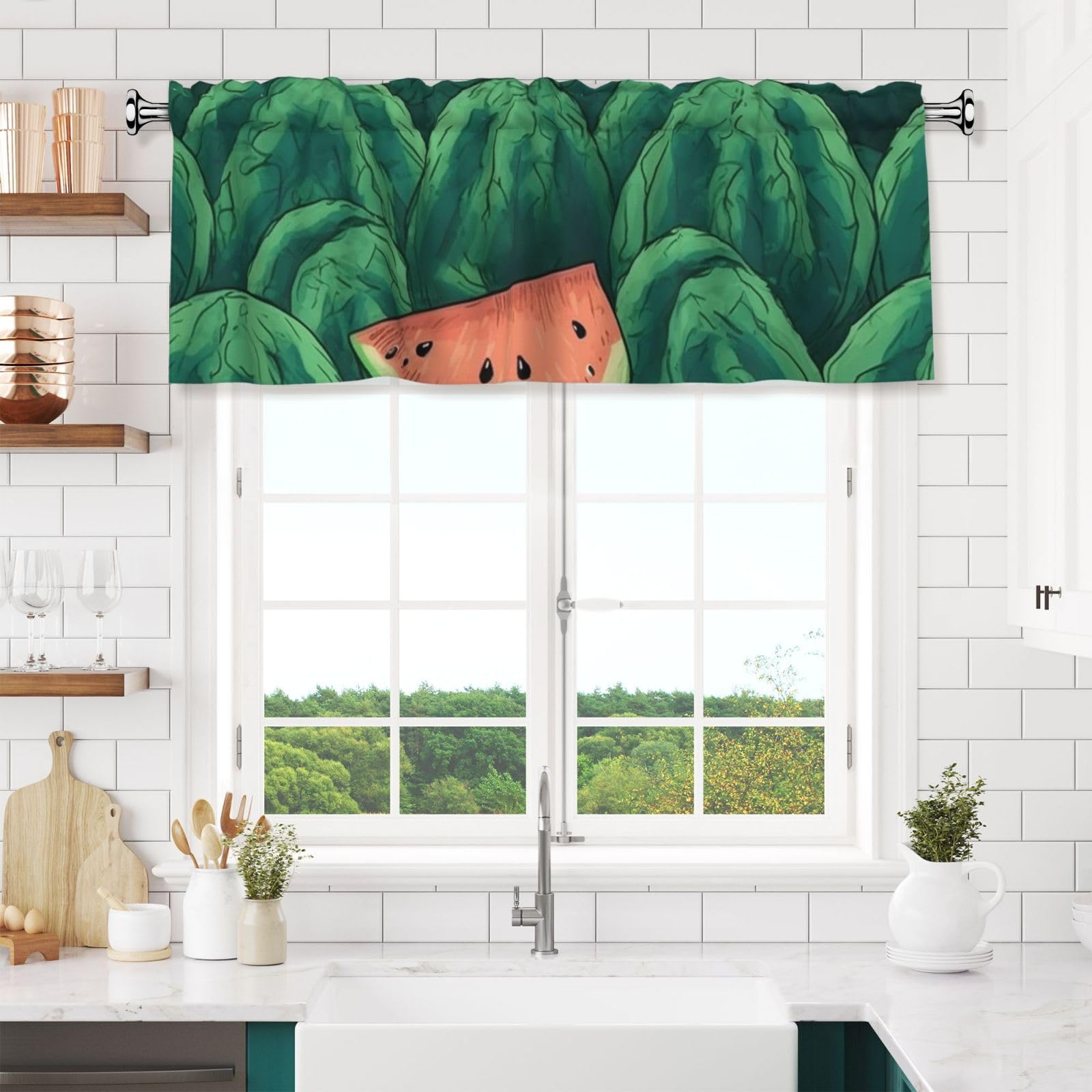 NONHAI Green Watermelon Pattern Valances for Windows Short Curtains Rod Pocket Cafe Window Treatments Valance Curtains for Kitchen Bathroom Laundry Basement Windows 54x18inch Blackout Window Valance