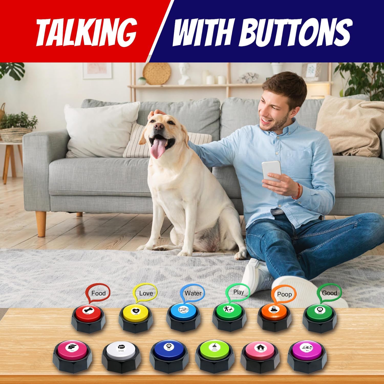 12 Color Pet Communication Buttons, Dog Buttons with 3-Mode Switch (Play/Off/Record), Talking Recordable Buttons, Includes 45 Training Stickers & Batteries for Effective Training