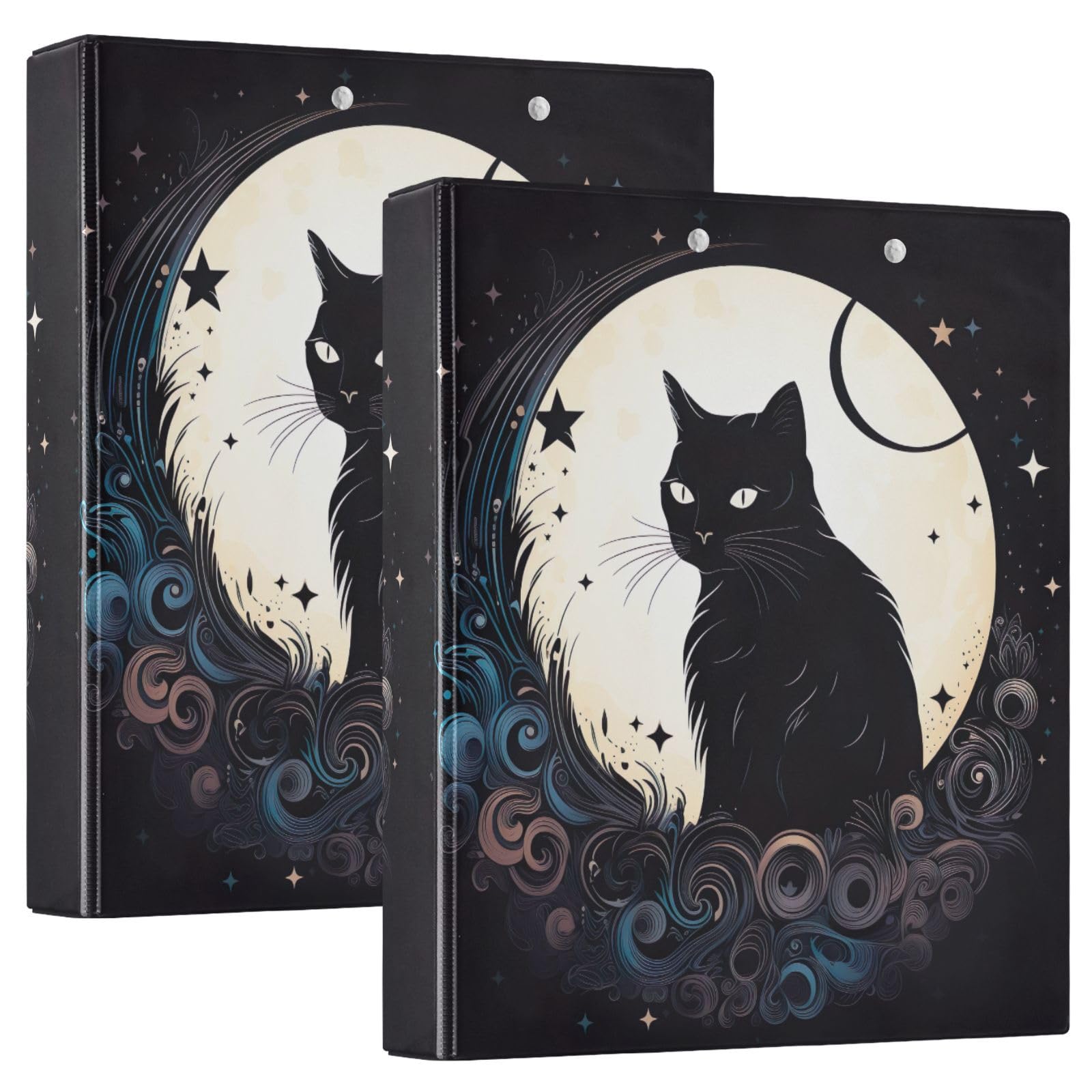 Confezione da 2 raccoglitori ad anelli vintage, motivo gatto luna, nero, con tasche grandi, per scuola, università, ufficio