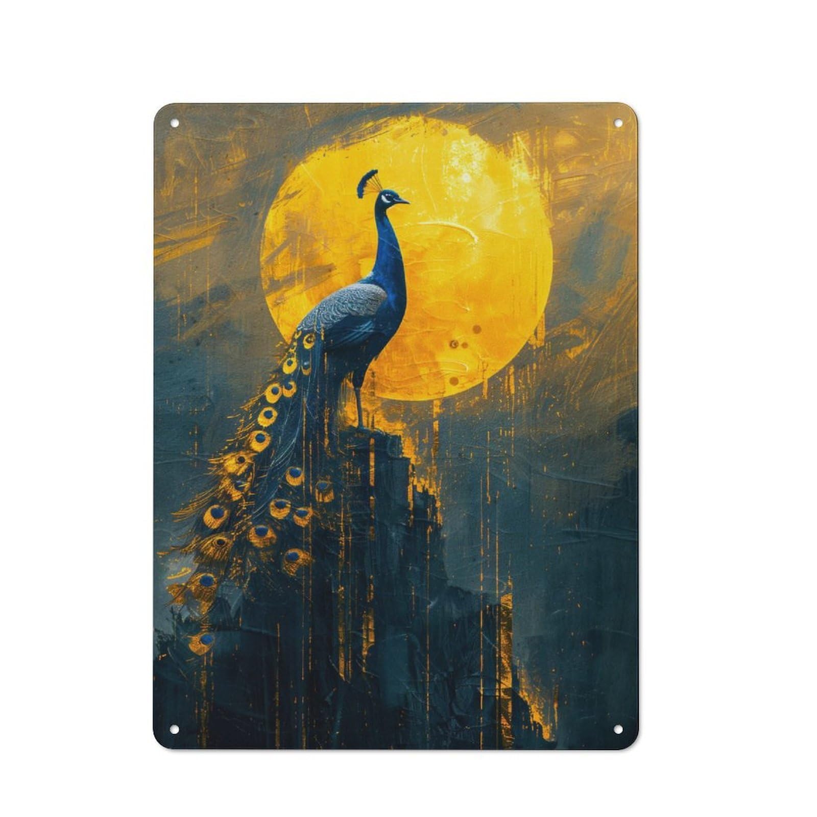 Junmoney Gold Sun Peacock For Garage Or Workshop, Rustic Metal Plaque 40X30cm, Suited To Wall Displays In Garages And Tool Rooms