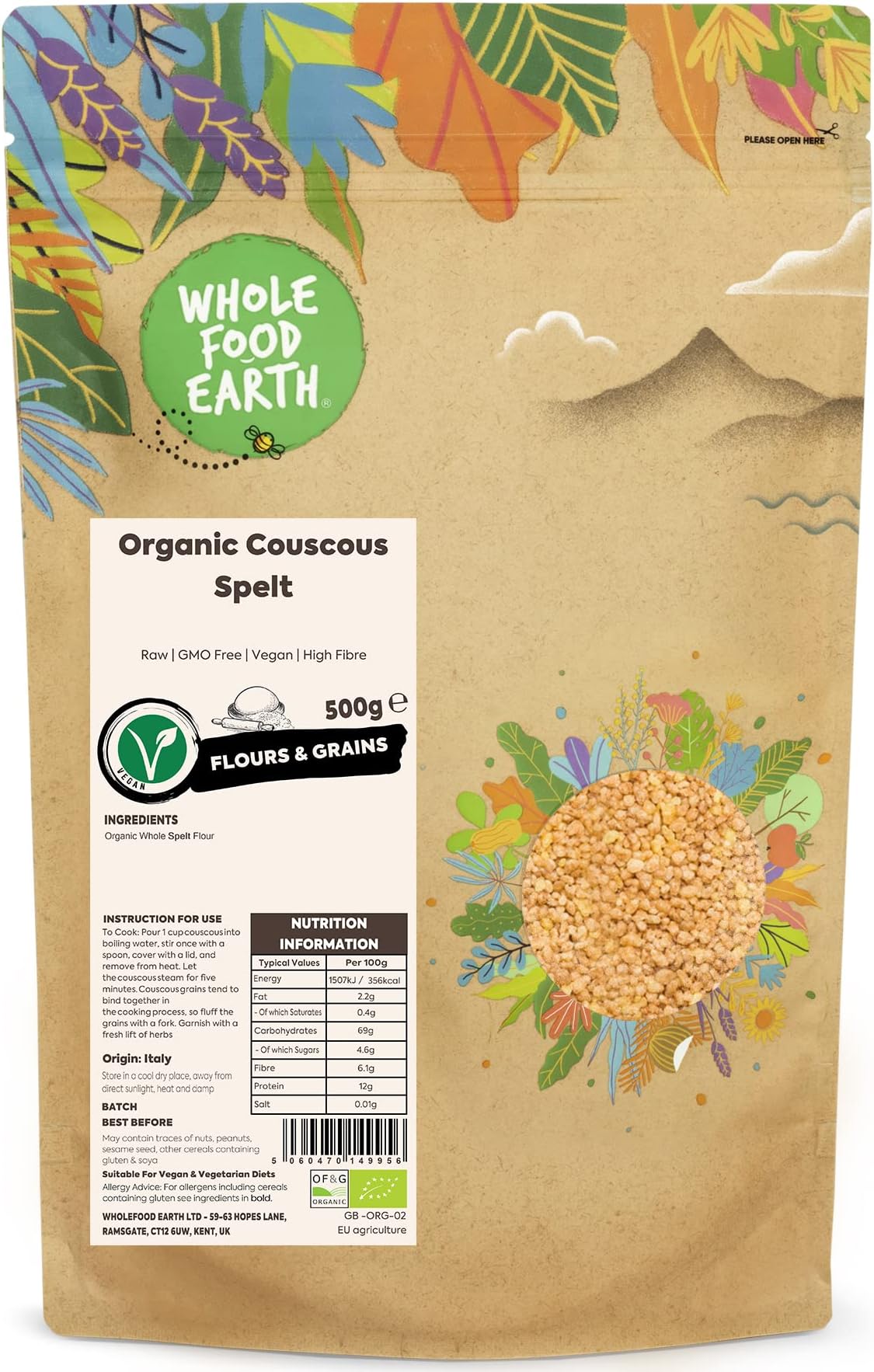 Wholefood Earth Organic Couscous Spelt โ 500 g | Raw | GMO Free | Vegan | High Fibre | Certified Organic