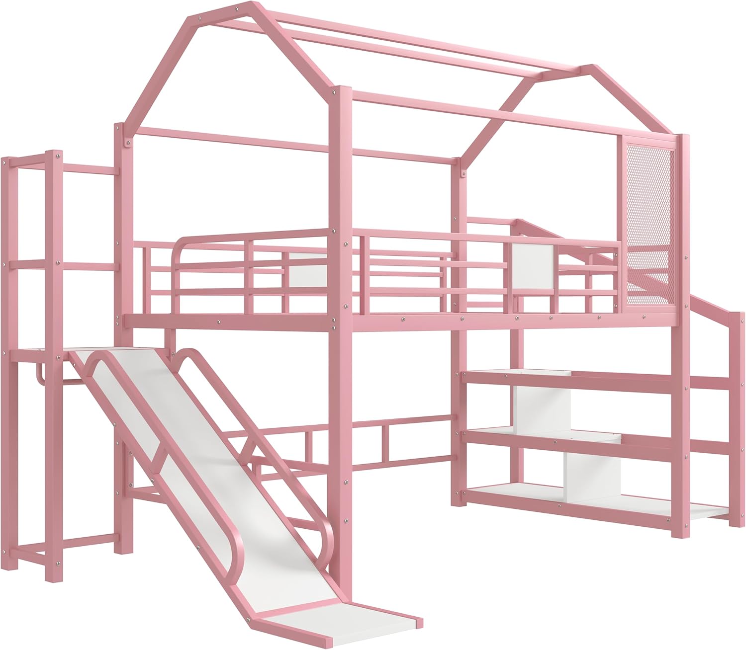 LUMISOL Full Size Metal House Loft Bed with Slide and Stairs,Heavy Duty Playhouse Loft Bed Frame with Storage Shelves for Kids, Pink