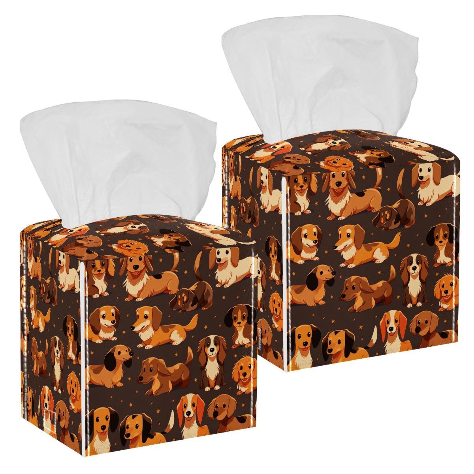 Cartoon Dogs Tissue Box Cover, 2 Pack PU Leather Square Facial Tissue Dispenser Box holder for Home Office Car
