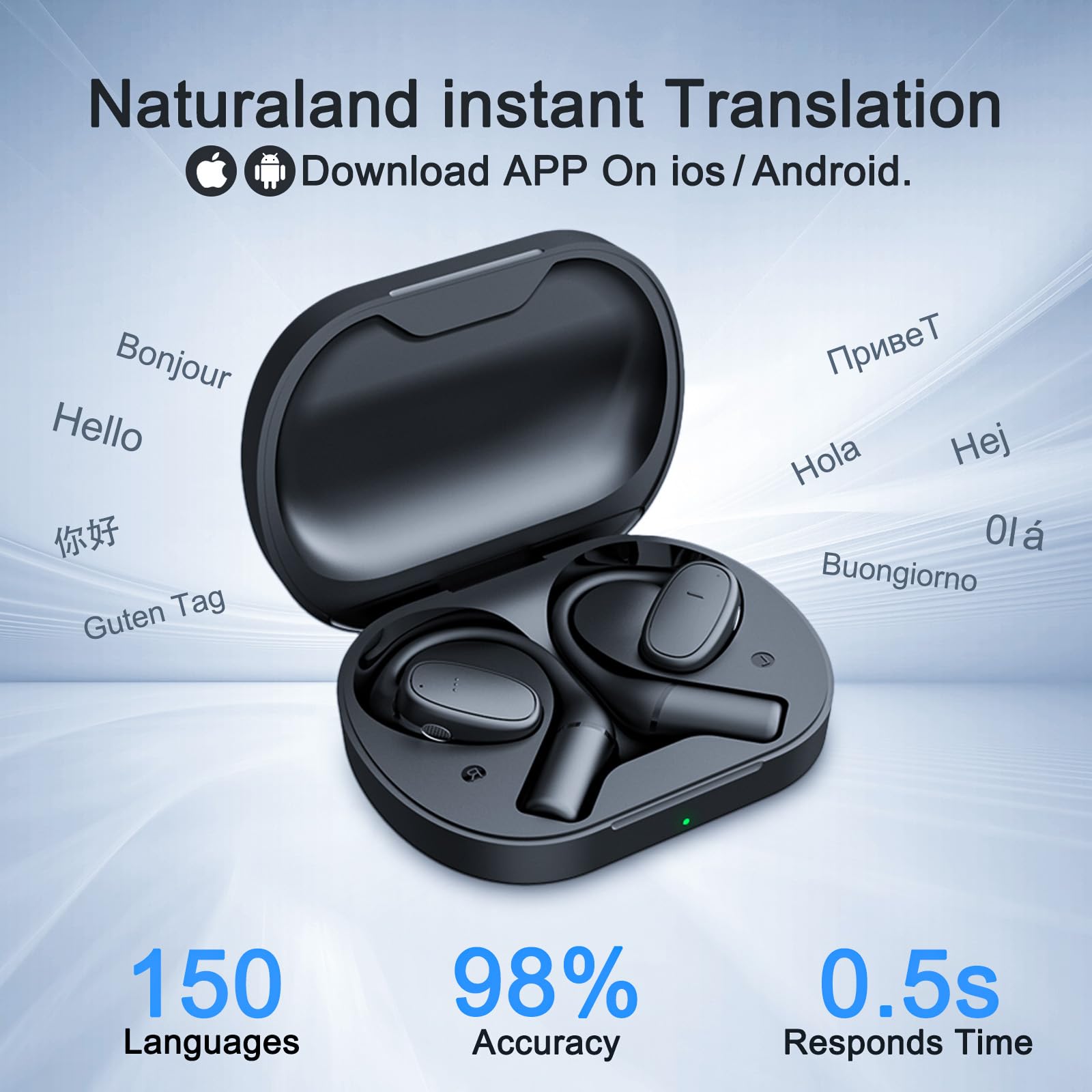 AI Language Translation Earbuds, Language Translator Earbuds Real Time, Two Way Language Translaton in 150 Languages & 10 Offline, Fit iOS and Android, Ideal for Travel Business Learning,Black