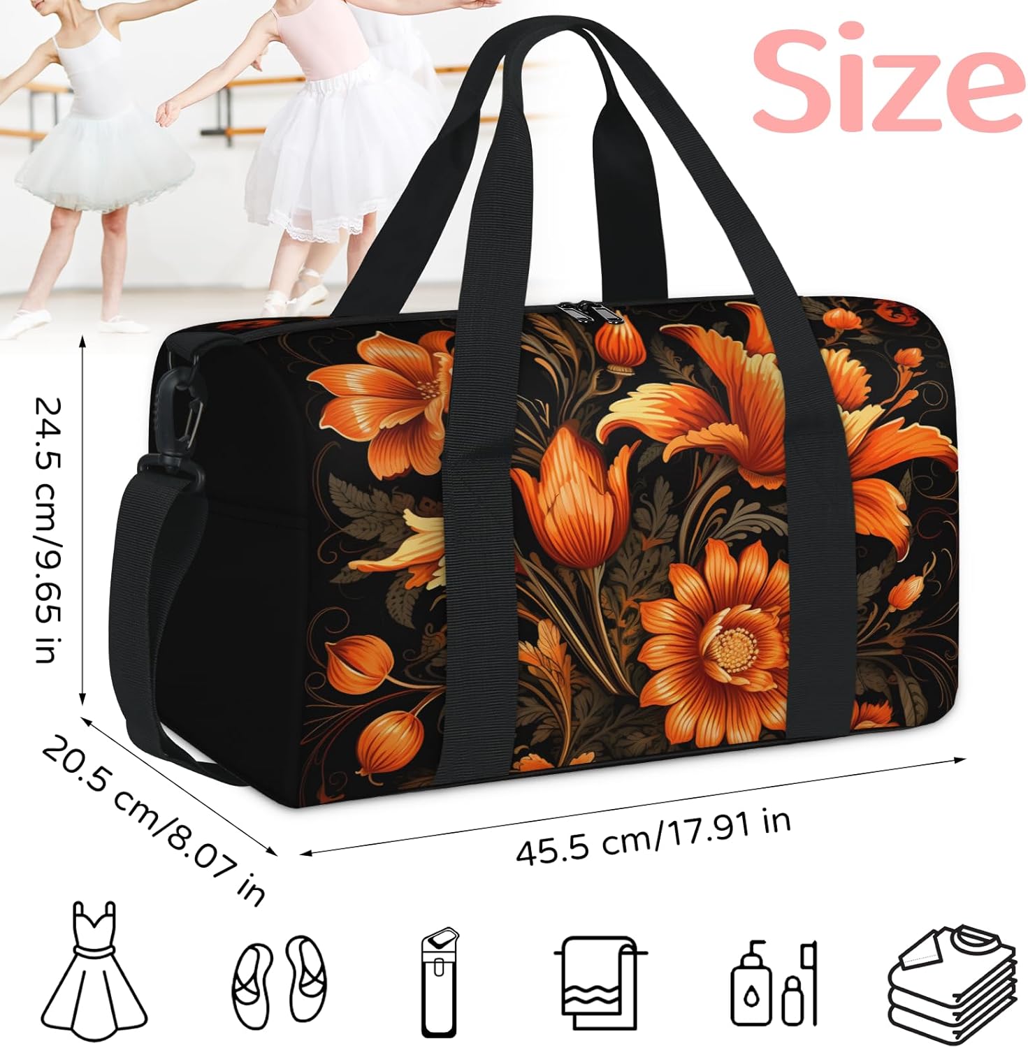 Flowers Overnight Travel Bag Unisex Orange Black Carry-On Size Tote Bag Suitable for Travel Duffle Gym Sports