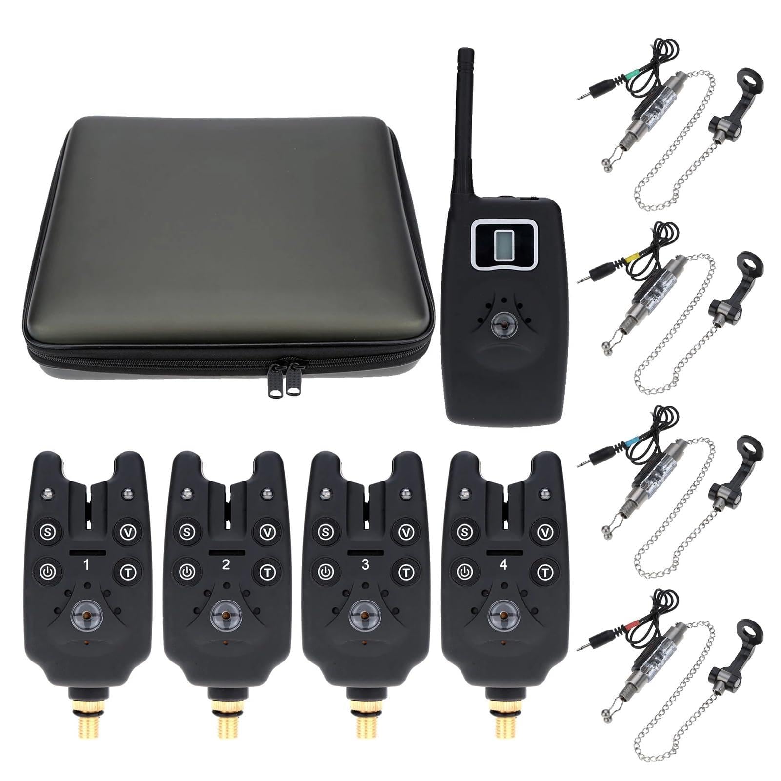YIWENG Wireless Digital Fishing LED Alarm Alert Set 4 Fishing Bite Alarm + 1 Receiver with LCD Screen Indicator + 4 Stainless Steel Chain Hanger Illuminated Swinger in Case Carp Fishing