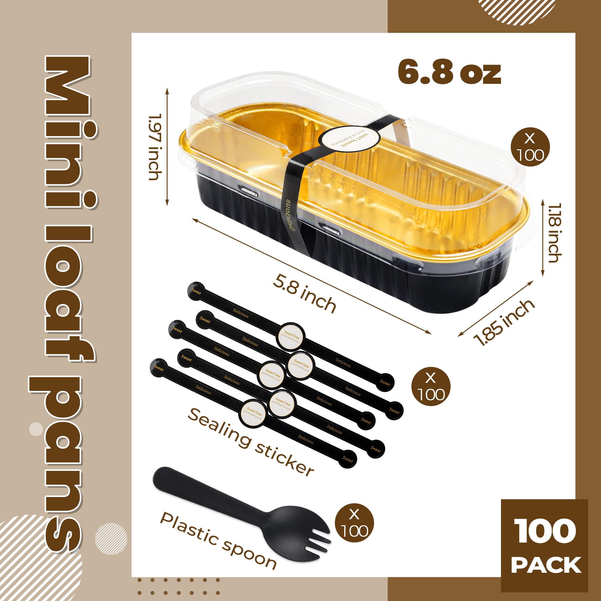 Paquete de 100 mini moldes para pan con tapas, rectangulares, individuales, de papel de aluminio, para grandes reuniones, picnics, vacaciones, fiestas (negro dorado, 192.8 g)