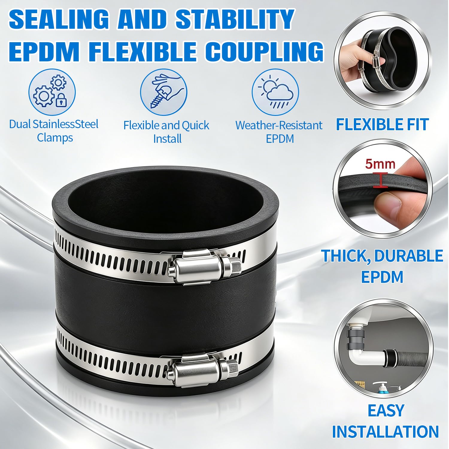 Manchon de Raccordement Flexible 2 Pièces Manchon Caoutchouc 100mm | avec Double Collier Acier Inoxydable Étanchéité Anti-Fuite Adaptateur Universel pour Drainage Ventilation et Réparation DIY