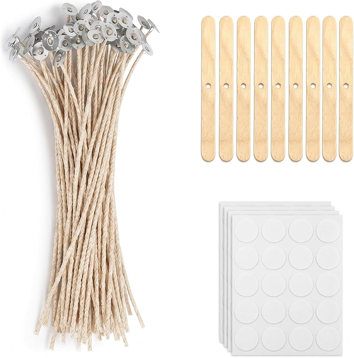 Juego de 50 mechas de vela de algodón natural de 8 pulgadas con 120 pegatinas de mecha y 10 soportes de mecha de madera, suministros completos para hacer velas para cera de soja, cera de abejas, cera de coco