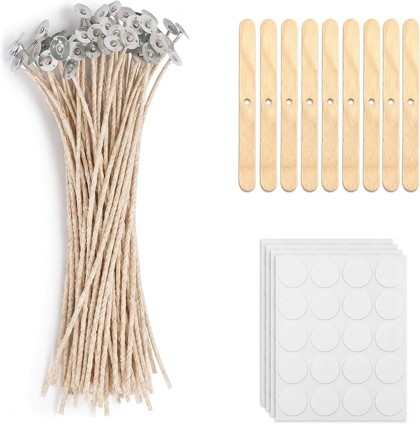 50Pcs 8 Inch Natural Cotton Candle Wicks Set with 120 Wick Stickers and 10 Wooden Wick Holders,Complete Candle Making Supplies for Soy Wax Beeswax Coconut Wax