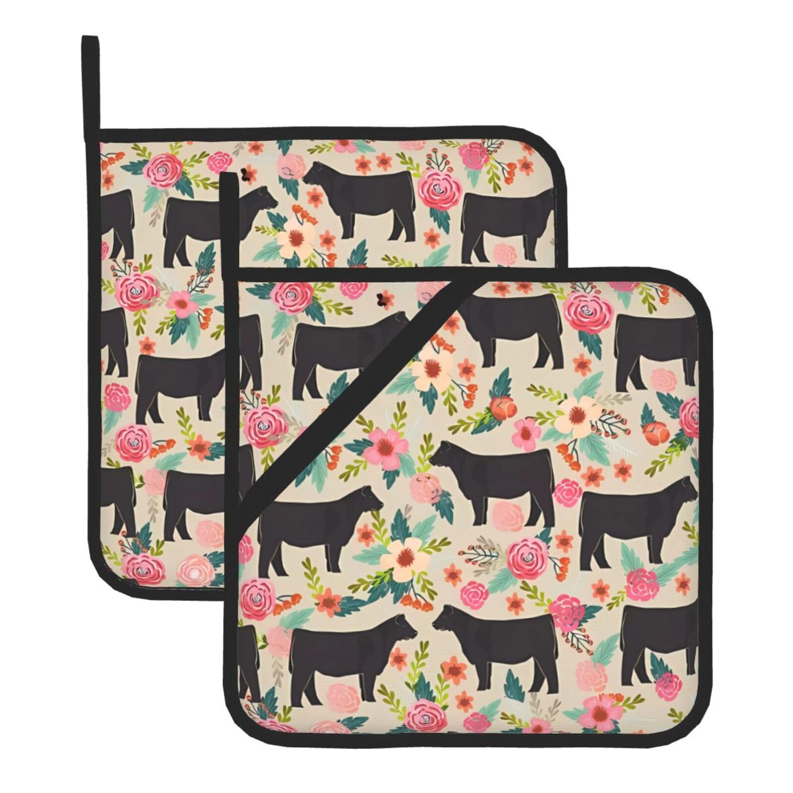 HJFCZH Flower cow Prints Square Hot Pads for Kitchen Counter - Waterproof Pot Holders, Durable Heat Resistant Throw Layers for Serving, Oven & BBQ - 2 Pack