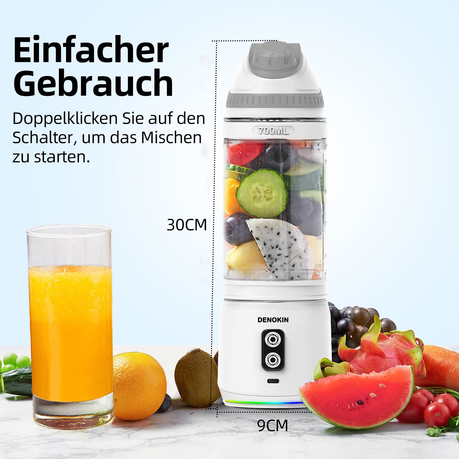 DENOKIN Mixeur portable avec couvercle à boire, 700 ml, mini blender pour les déplacements, rechargeable avec USB-C, appareil à smoothie sans fil à emporter pour smoothies, shakes
