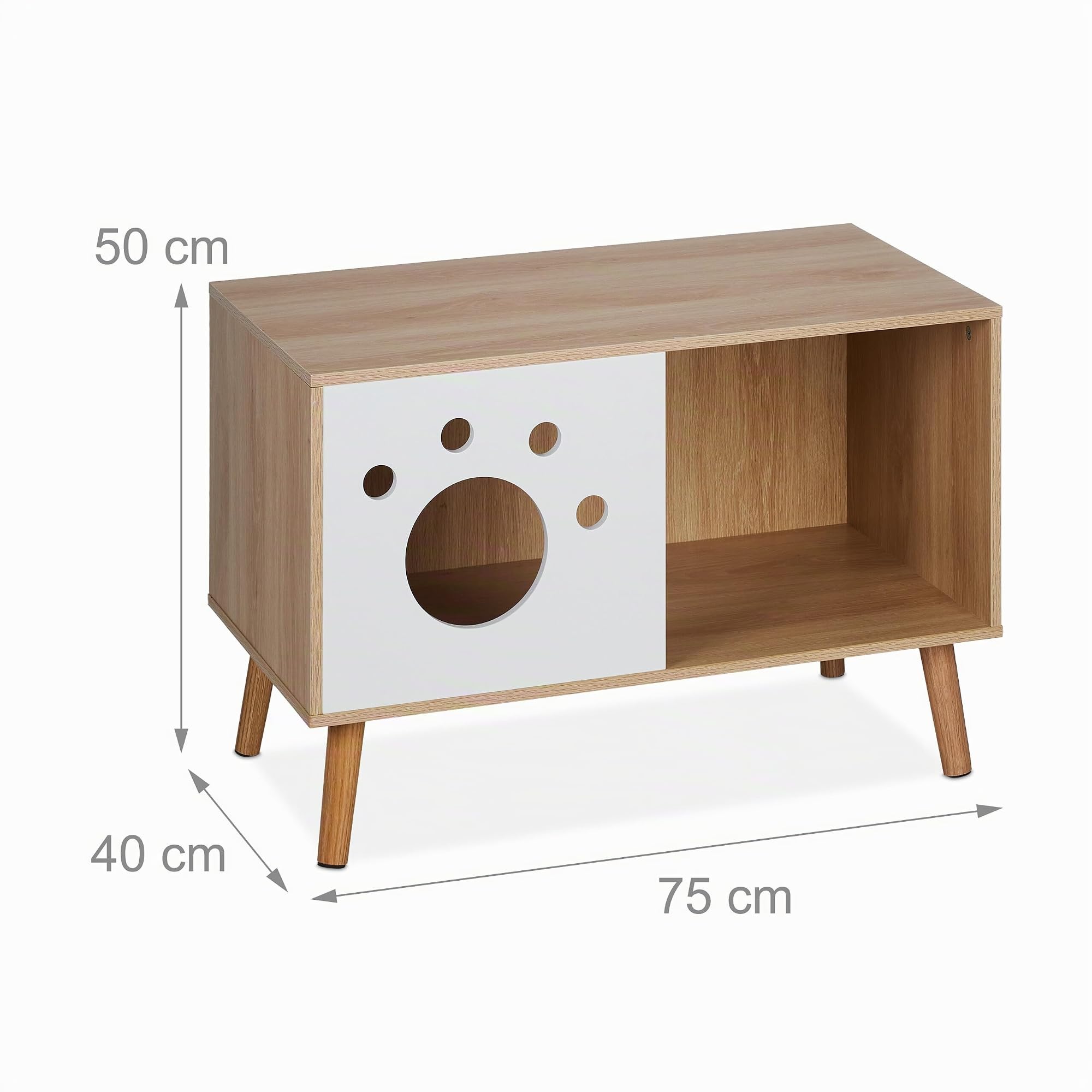 Relaxdays Mueble para Arenero de Gato con Diseño de Patita, 50x75x40 cm, Cama, Escondite para Interior, Natural y Blanco