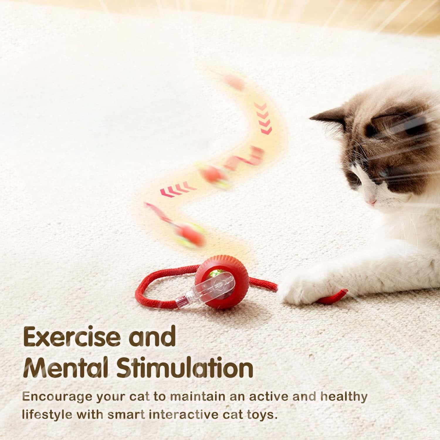 GOAWAY Automatic Rolling Cat Ball Toy, 3-Modes, Teasing Tail & Bell Charm, Interactive Self Play Chasing Silicone Ball Toy for Indoor Cats 4
