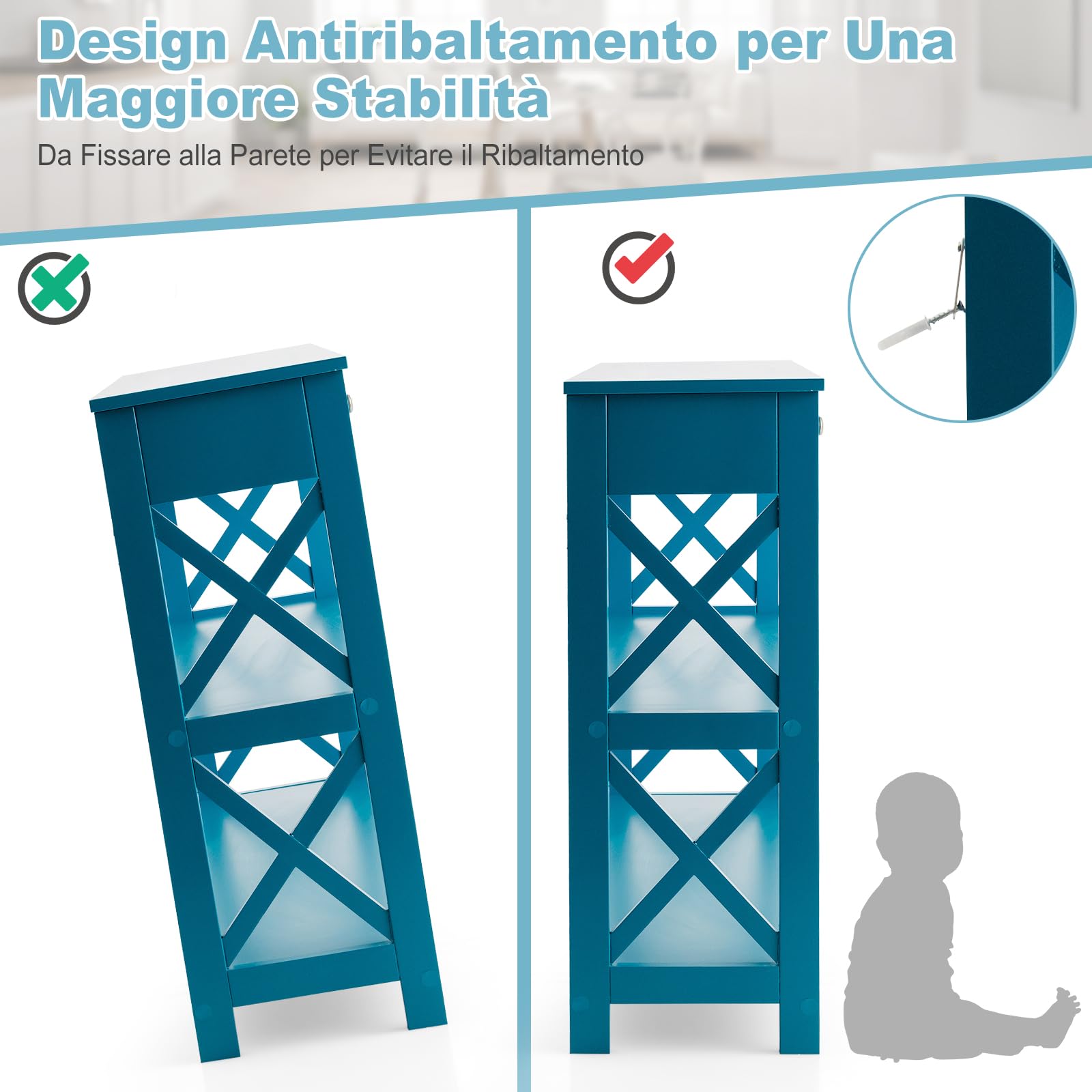 COSTWAY Tavolo Consolle con Cassetto, Tavolo da Ingresso a 3 Ripiani, Tavolino per Divano per Ingresso Soggiorno Camera da Letto, Stile Vintage Industriale (blu)