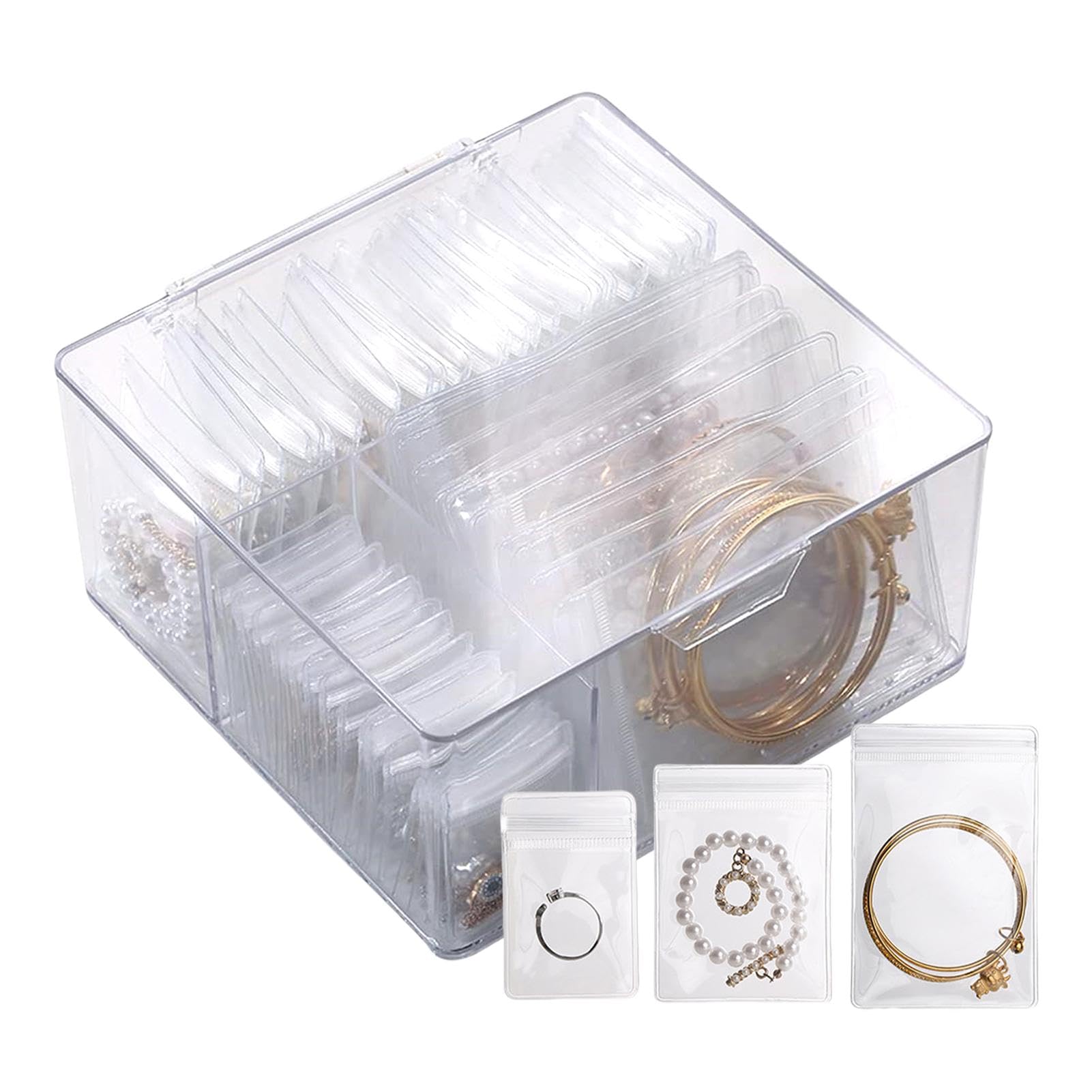 Boîte à bijoux de voyage en acrylique avec 60 sacs portables pour protéger vos colliers en vacances