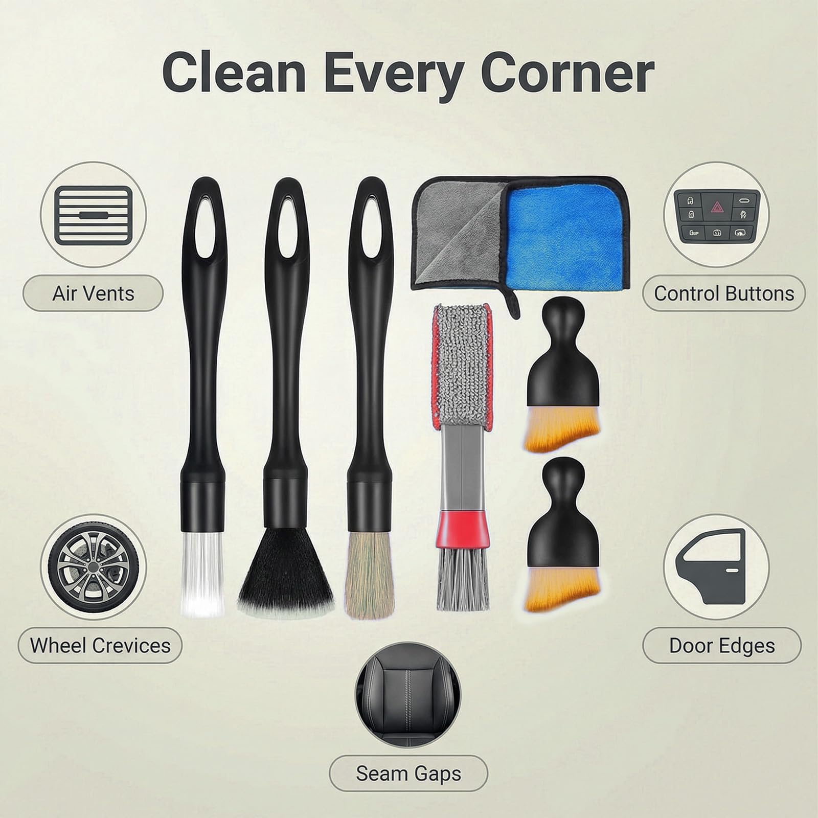 XiDeShop Set de 7 Cepillos de Limpieza para Autos - Kit de Detallado para Llantas, Interiores de Vehículos, Ventilaciones, con Toalla de Microfibra Ultra Absorbente para un Cuidado Completo — view 4