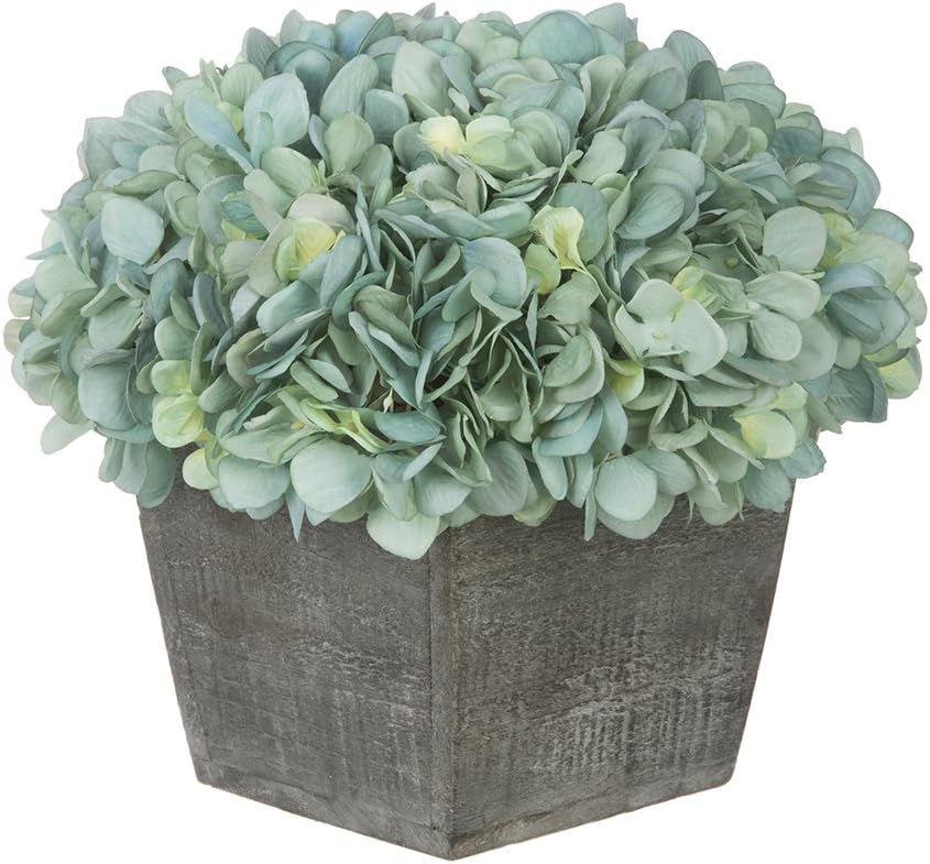 House of Silk Flowers Artificial Hydrangea in Grey-Washed Wood Cube (Teal)