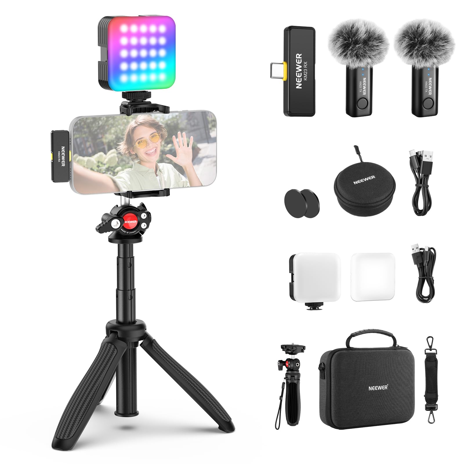 Neewer Vlogging Kit for Phone with RGB LED Light/Lavalier Wireless Microphone System/Selfie Stick Phone Tripod, Content Creator Essentials for iPhone Android Podcast YouTube, PA048