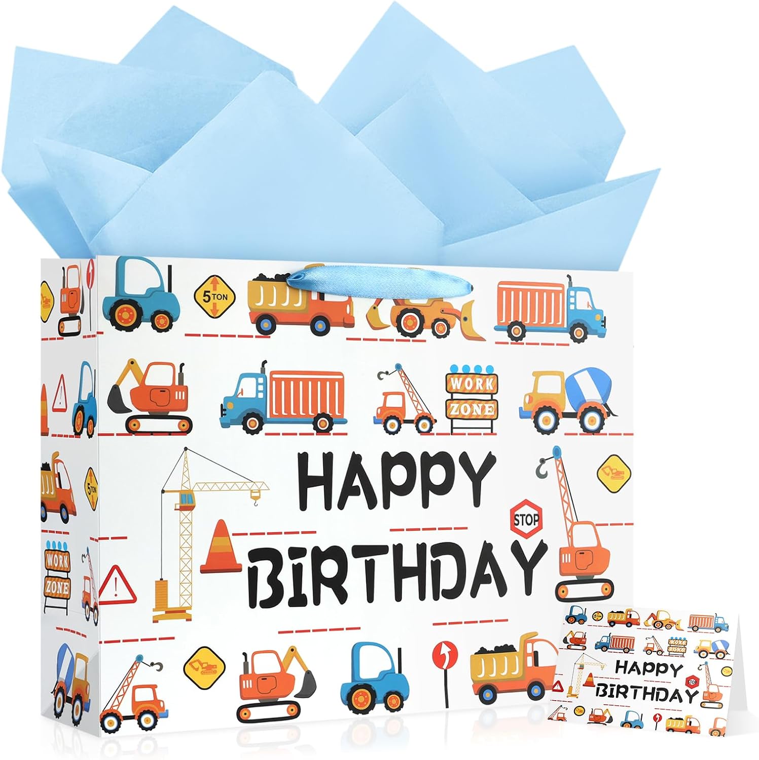 JMANNI Large Happy Birthday Gift Bag with Tissue Papers and Greeting Card,Portable Paper Gift Bags with Handles,Present Bags for Boys Birthday Party Supplies 13" x10.2"x4.7"(Construction Vehicle)