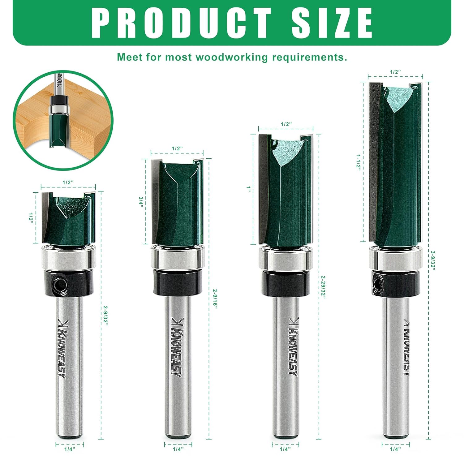 Knoweasy Flush Trim Router Bit Set with Guide Bearing for Woodworking, Straight Cut Pattern Bits Prevent Tear-Out, Professional Template Milling Cutter Tool for Smooth Edges and Clean Cuts