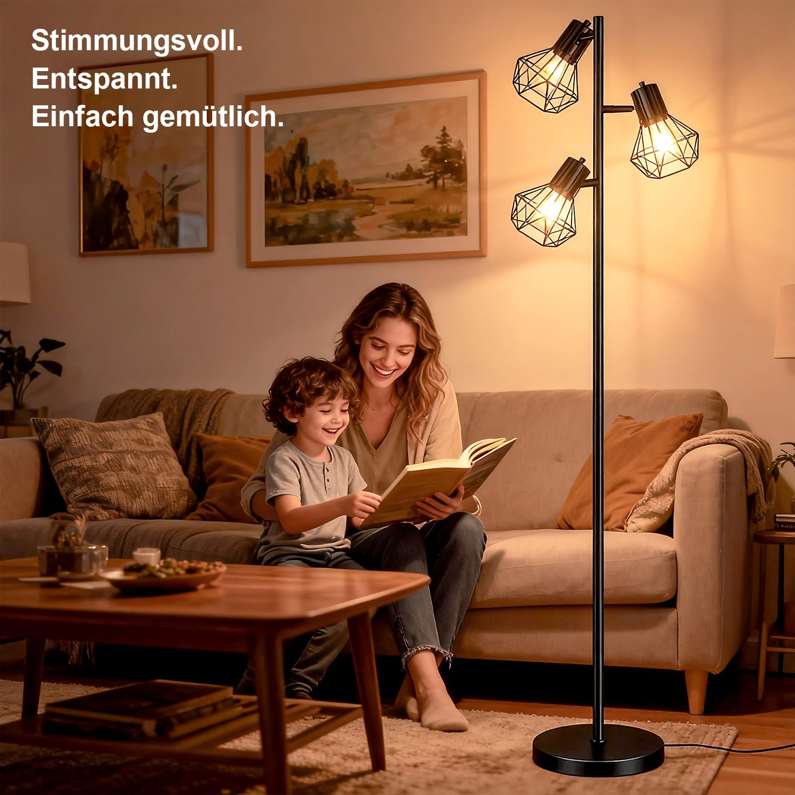 HiBay Stehlampe LED E27 3 Flammig Stehleuchte Schwarz Industrial Floor Lamp mit Fußschalter Stehlampen Rustikale für Wohnzimmer, Schlafzimmer, Büro(Ohne Leuchtmittel) | LED Floor Lamp Rustikale mit Stecker Industriell Metall 230V Max. 60 Watt für Wohnzimm
