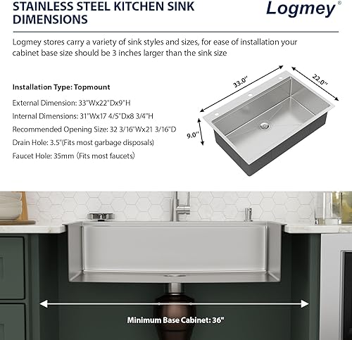 Vista 230 de Logmey Fregadero de cocina negro de 33 x 22 pulgadas, estación de trabajo SUS304, calibre 16, acero inoxidable, cuenco individual, montaje superior