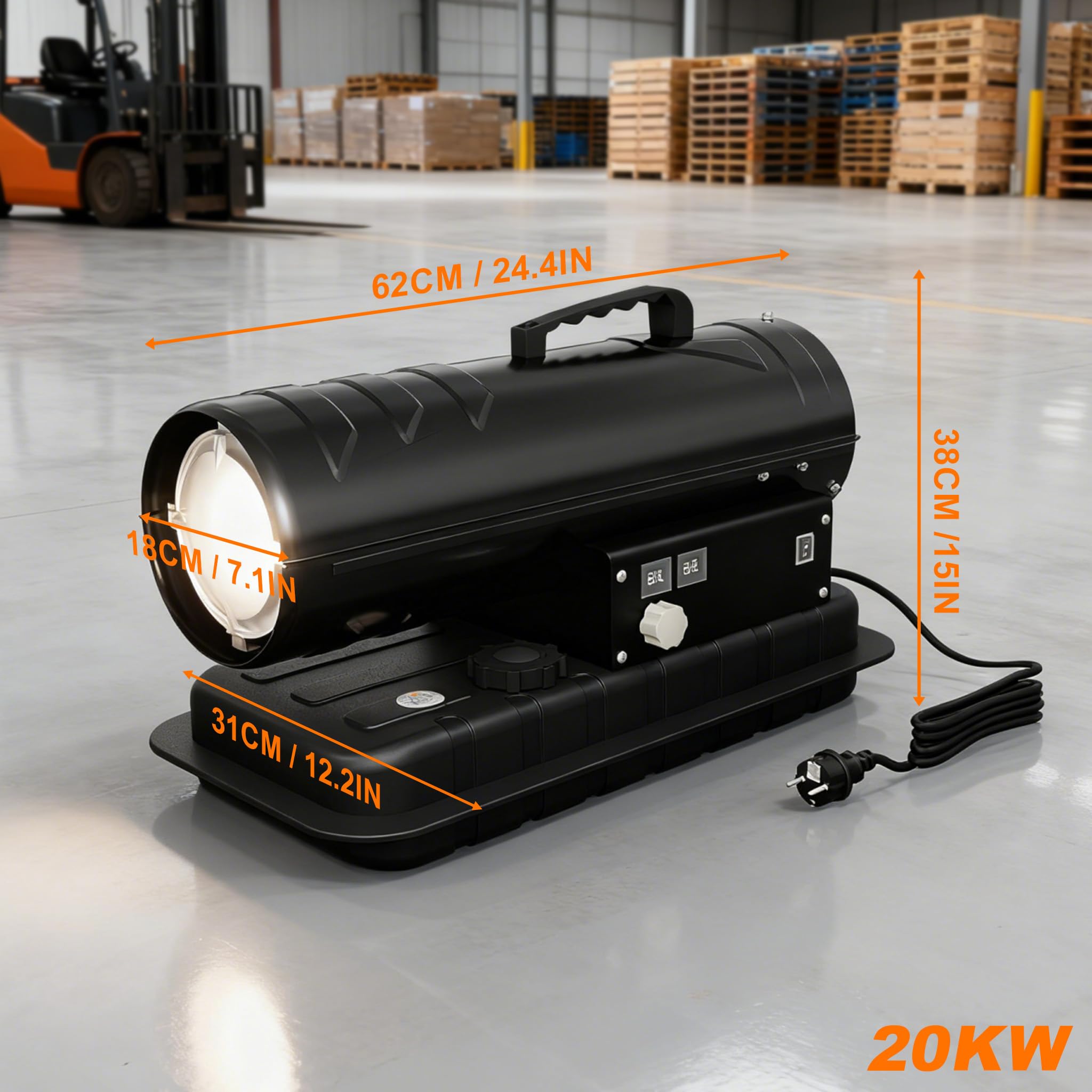 UISEBRT 20 kW Ventilateur de chauffage diesel, canon à chaleur diesel déshumidificateur de construction avec thermostat et indicateur de niveau de carburant, 550 m³/h radiateur pour ateliers