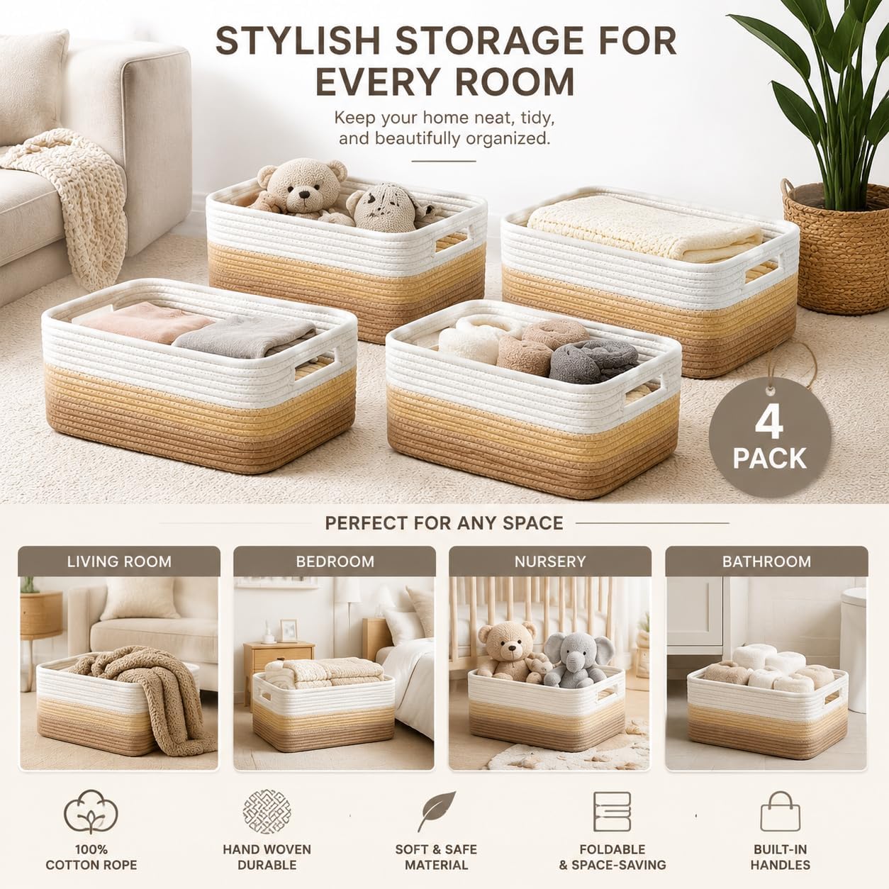 4 sets of hand-woven cotton rope storage boxes, suitable for toys, books, clothes, bathrooms, and car trunks used for organizing and decoration, Two 16x14x7 in and two 14x10x7 in