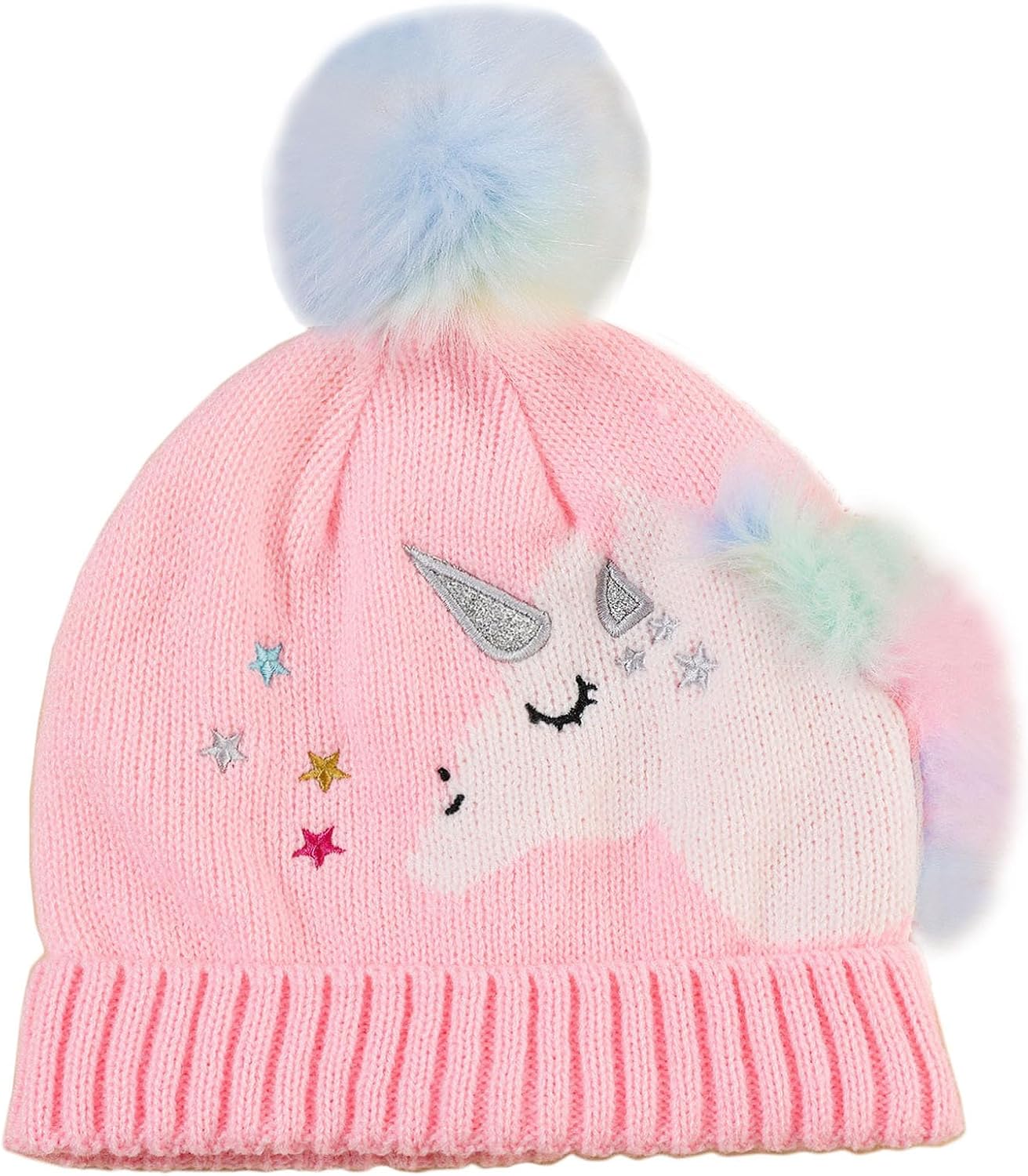 Toddler Kids Girls Winter Knit Unicorn Beanie Hat and Gloves Set with Pom Pom Age 2-8 Yrs