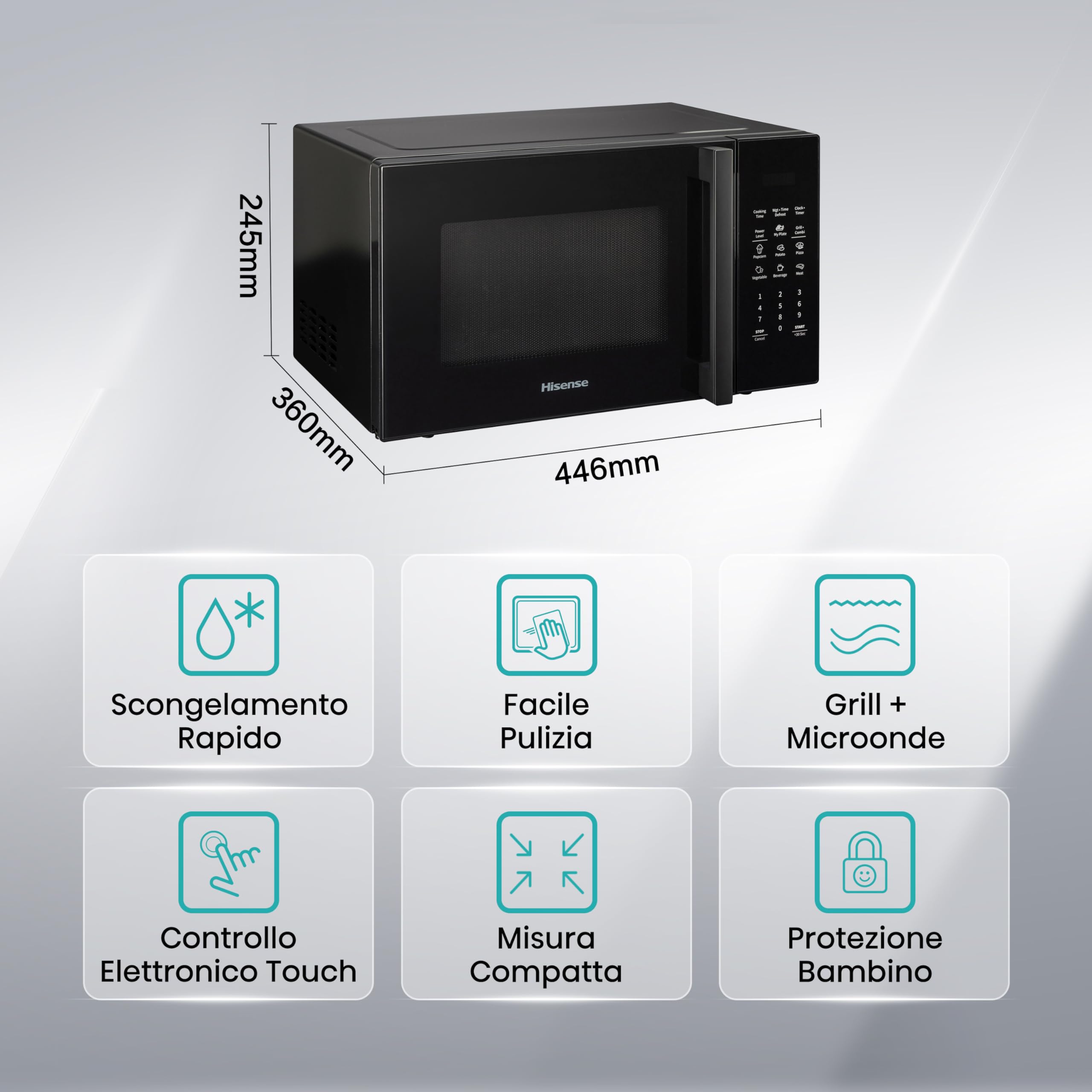 Hisense Forno Microonde Elettronico, Capacità 23 L, Potenza 800 W, Grill Potenza 1000 W, Display Led con Comandi Touch, Nero