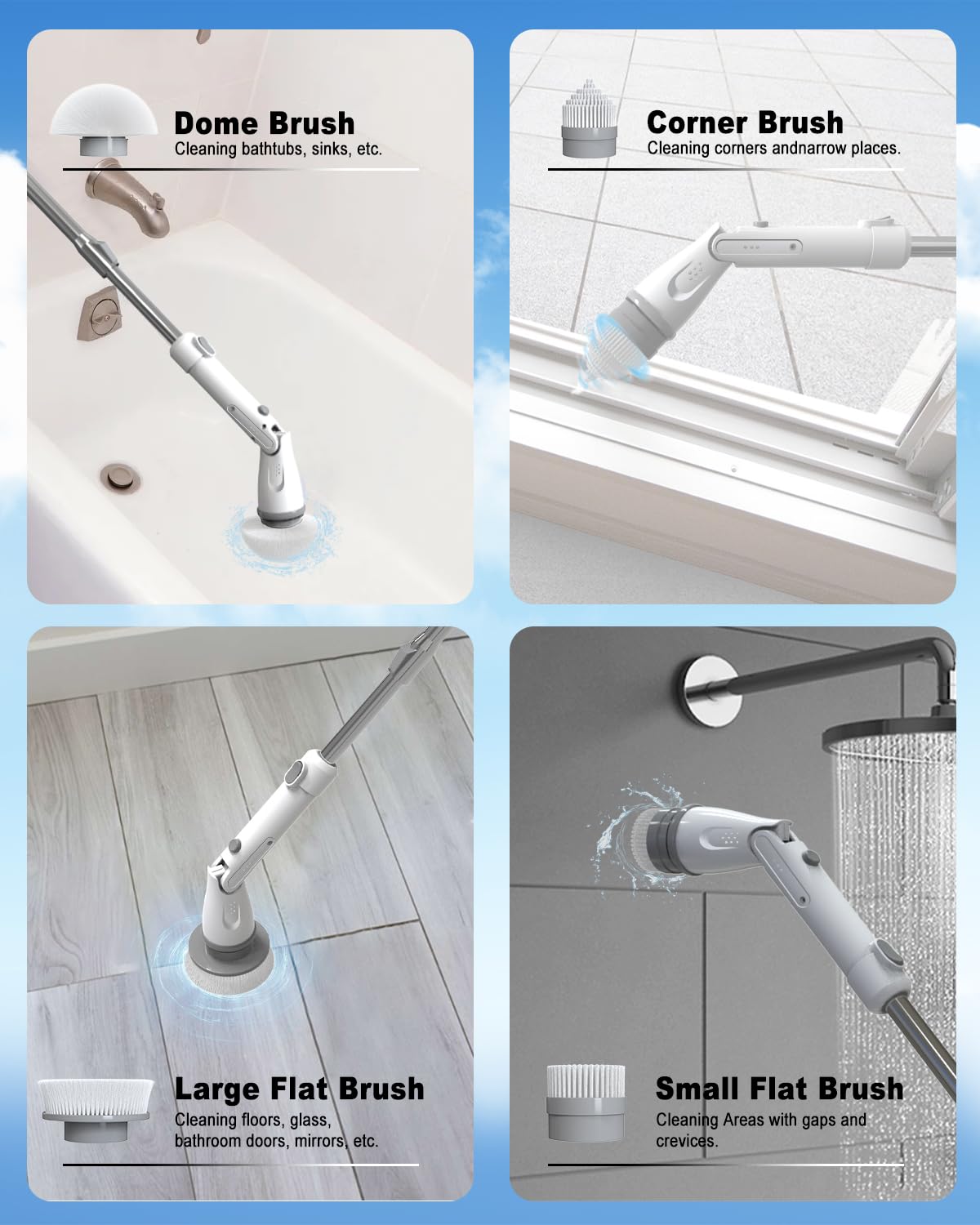 MKM Cepillo eléctrico giratorio para limpiar el suelo de la bañera del baño y la ducha de azulejos, máquina de mano inalámbrica automática de 360 grados de largo, herramienta motorizada giratoria de