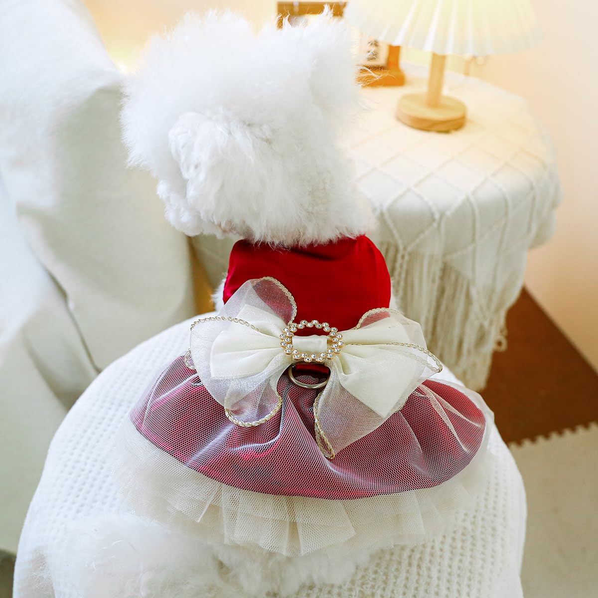 BT Bear Small Dog Dress - Puppy Skirt with Retro Bow - Dog Princess Dress for Cats - Wedding Lace Tutu Skirt (Wine Red, XS) - Image 4