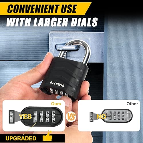 Miniatura 5 de DELSWIN Paquete de 3 candados de combinación grande, 4 dígitos reiniciables con grillete de acero endurecido, cuerpo de aluminio de seguridad,