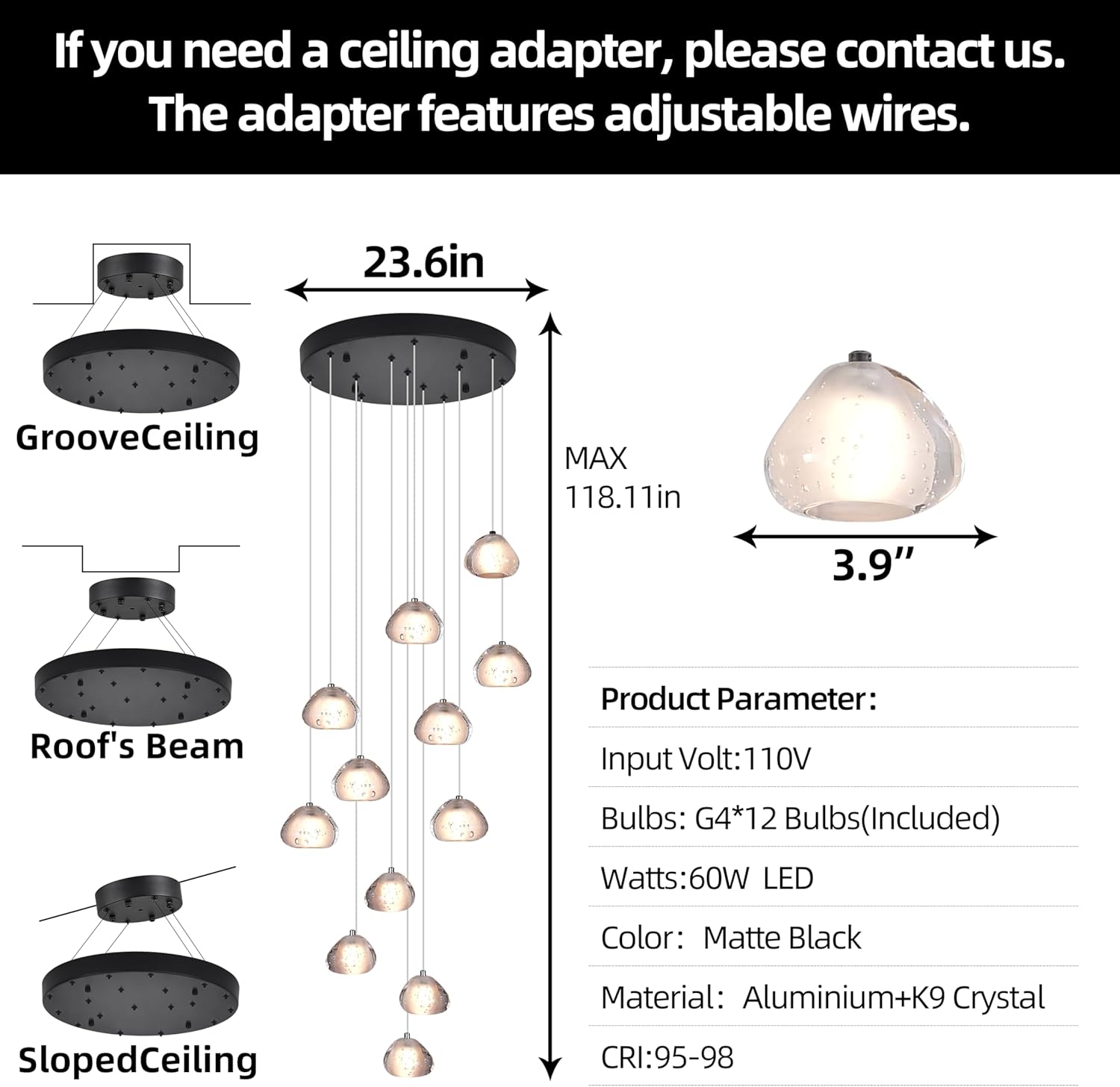 Matte Black Crystal Chandelier for Staircase, 12-Light Modern Stairwell Chandelier for Foyer, Dimmable High Ceiling Lighting Fixture with K9 Crystal,G4 Bulbs Included,118" Adjustable